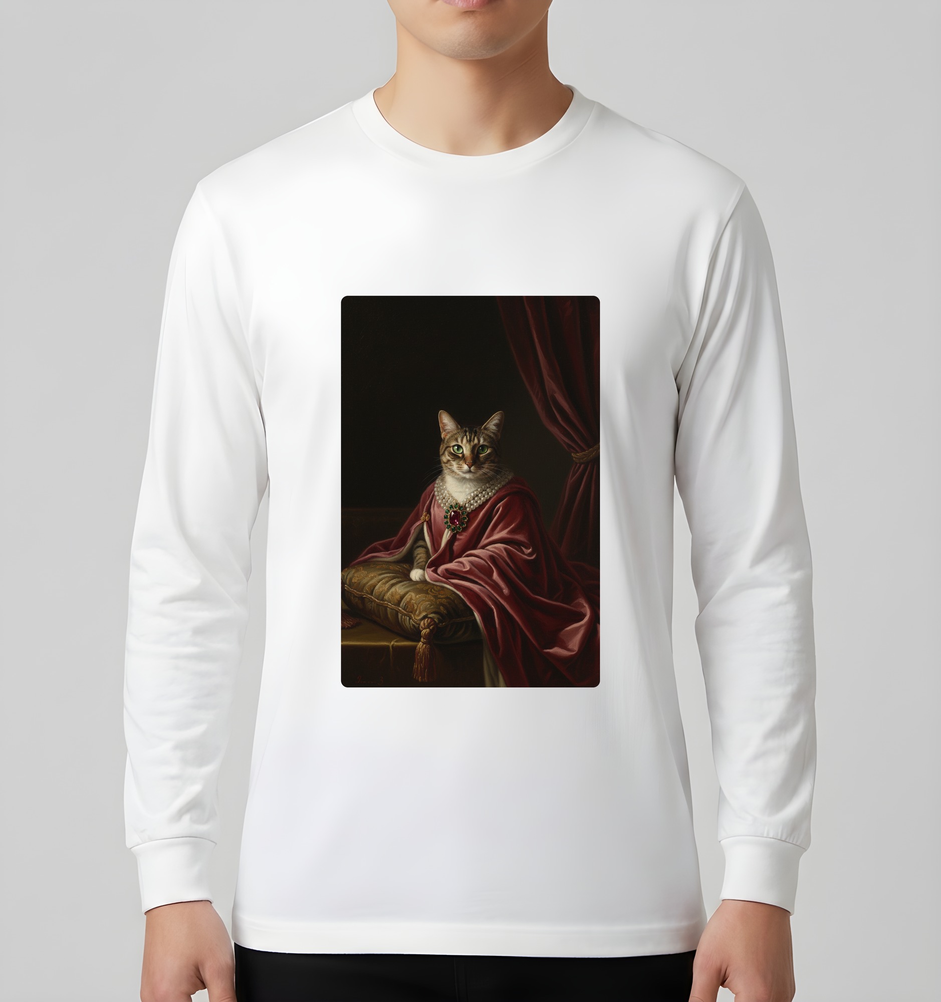 猫のルネサンス肖像画長袖Tシャツ(ホワイト)(3枚目)