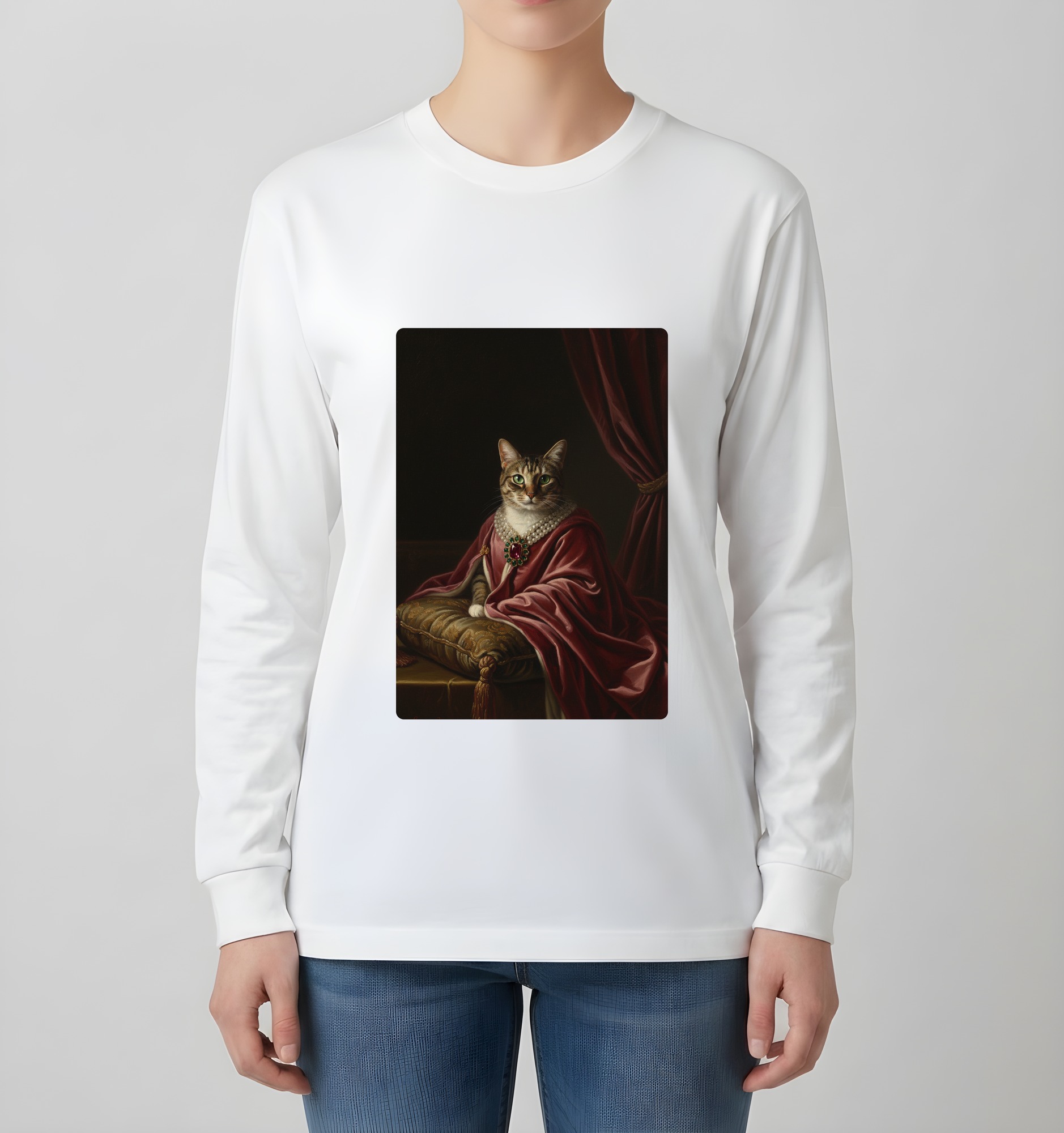 猫のルネサンス肖像画長袖Tシャツ(ホワイト)(4枚目)