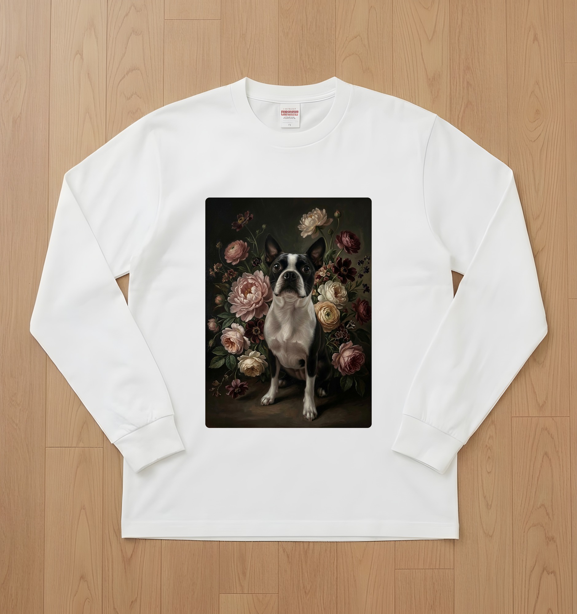 ボストンテリアの花の油絵風アート花柄長袖Tシャツ(ホワイト)