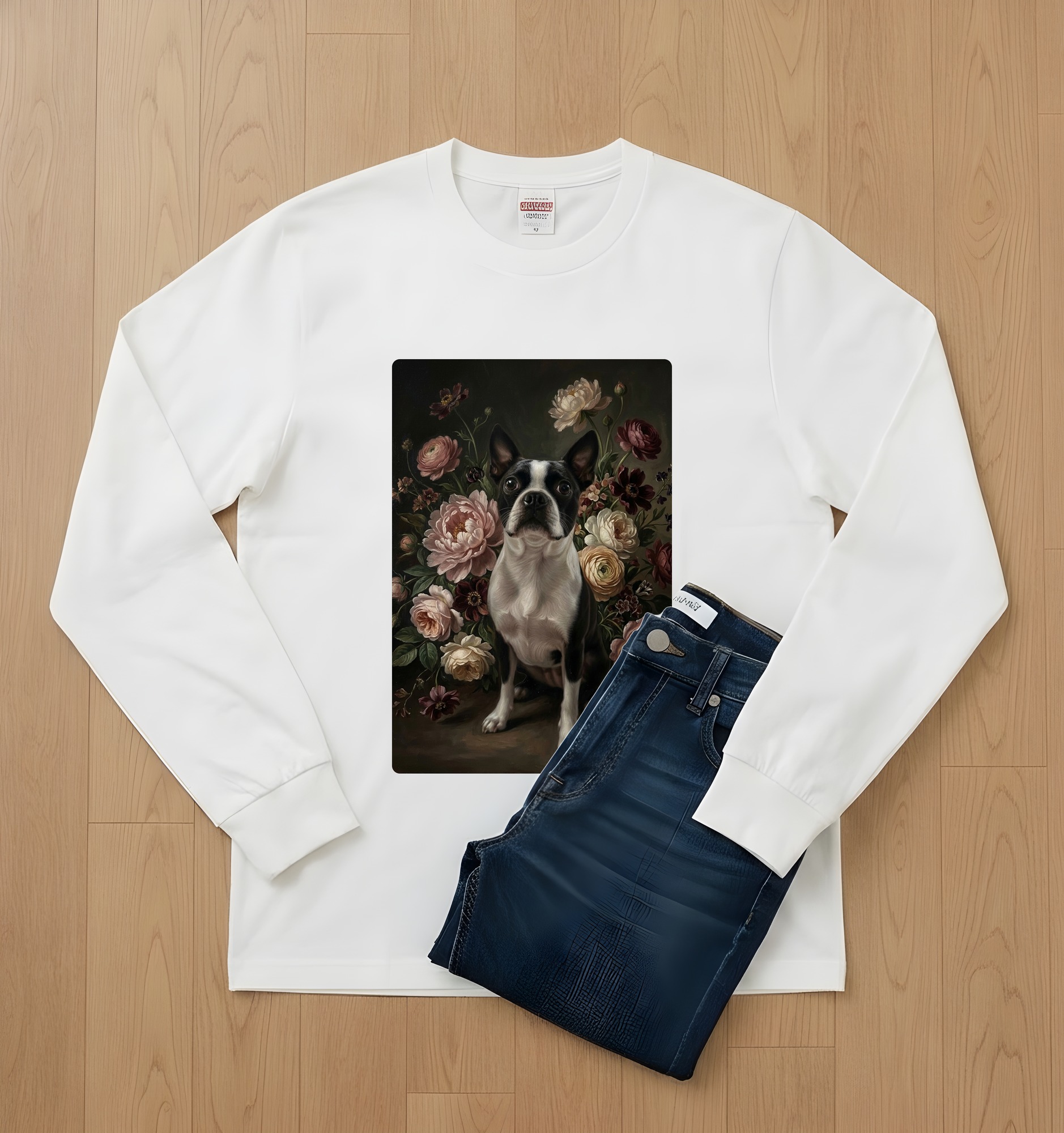 ボストンテリアの花の油絵風アート花柄長袖Tシャツ(ホワイト)(2枚目)