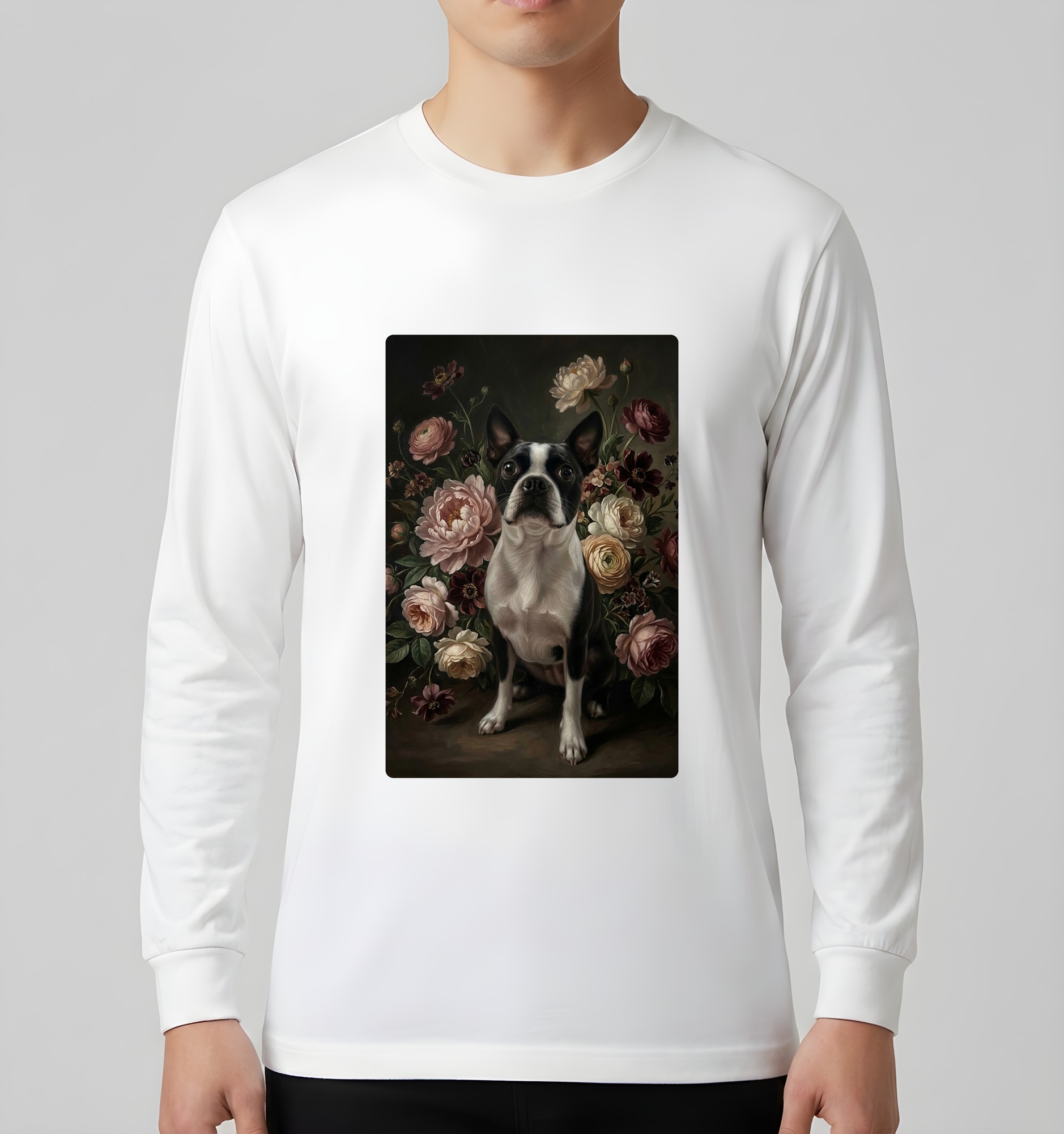 ボストンテリアの花の油絵風アート花柄長袖Tシャツ(ホワイト)(3枚目)