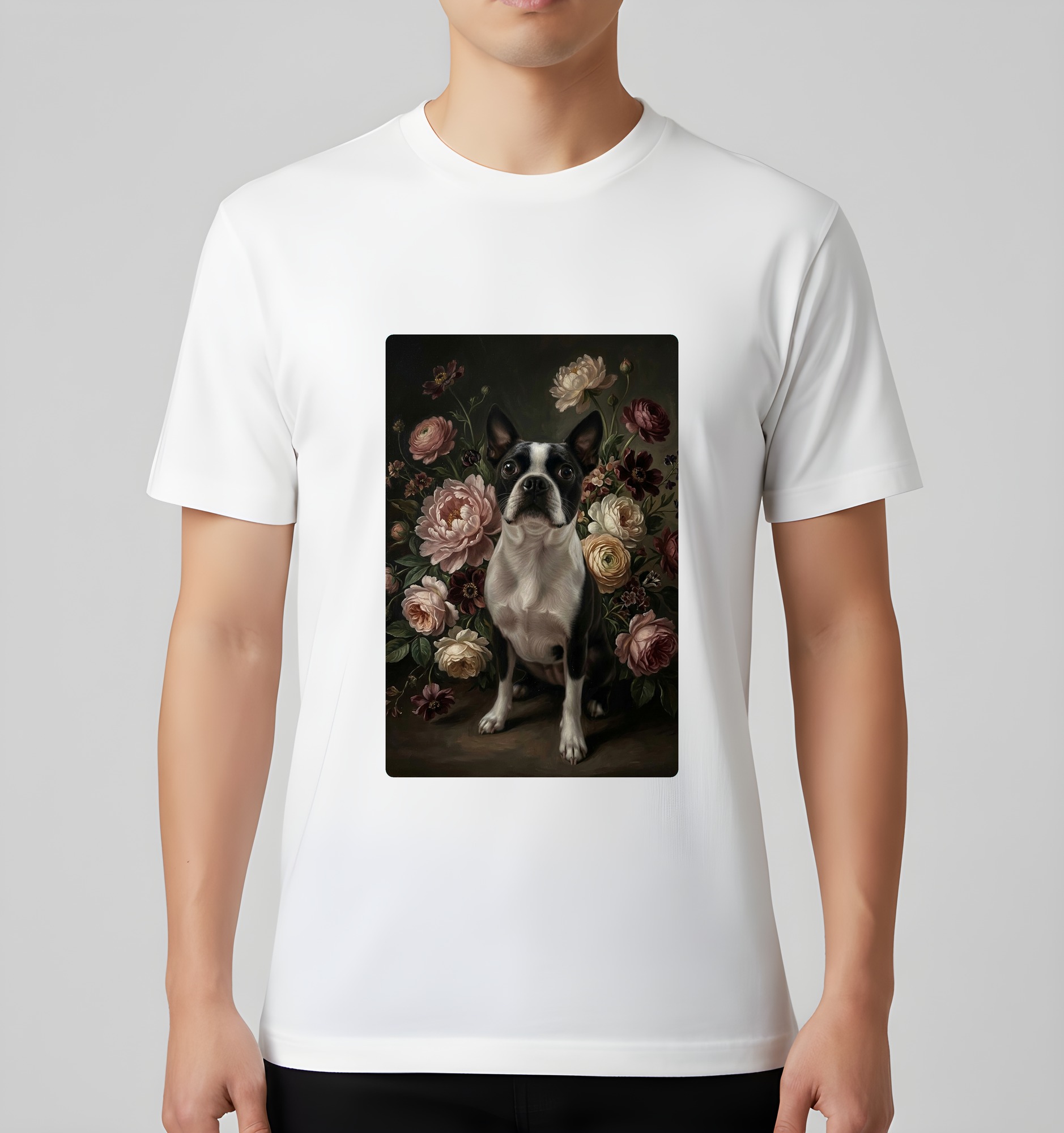 ボストンテリアの花の油絵風アート花柄Tシャツ（ホワイト）（3枚目）