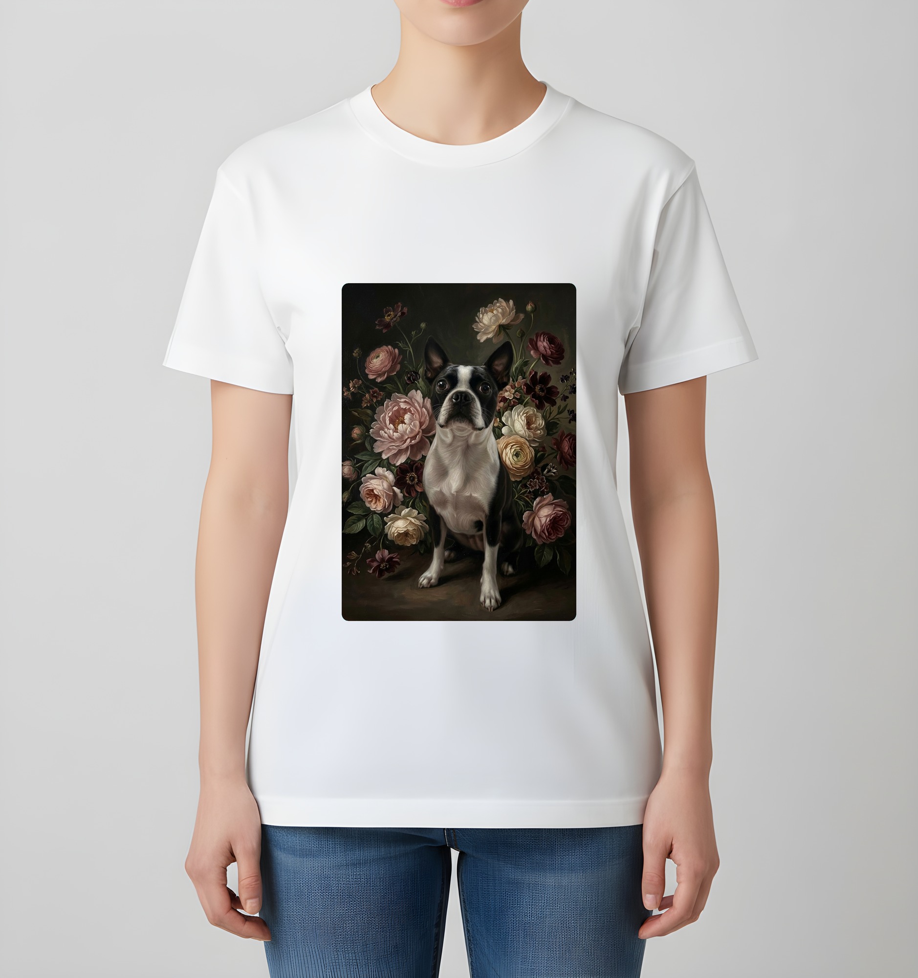 ボストンテリアの花の油絵風アート花柄Tシャツ（ホワイト）（4枚目）