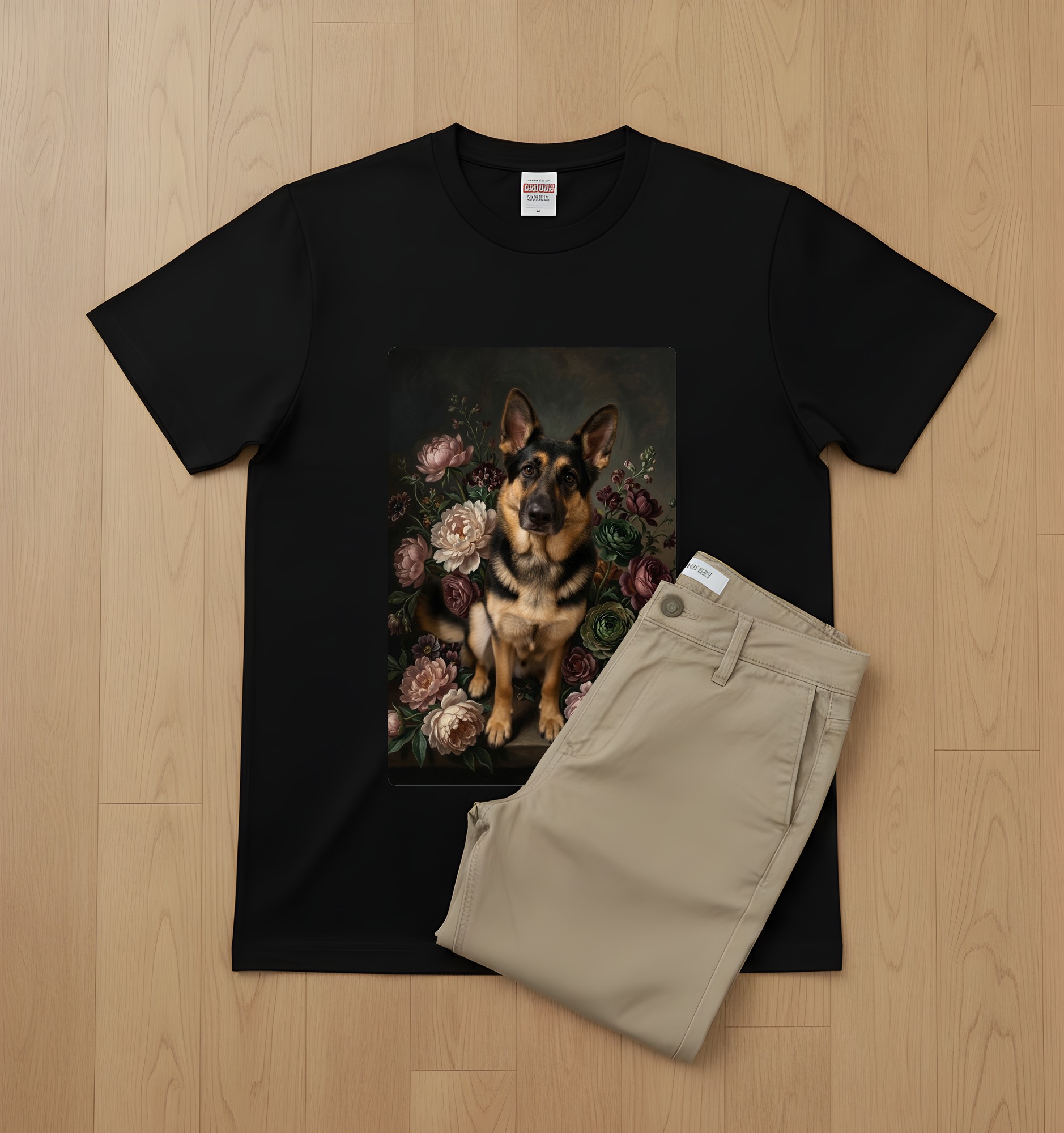 ジャーマンシェパードの花の油絵風アート花柄Tシャツ（ブラック）（2枚目）