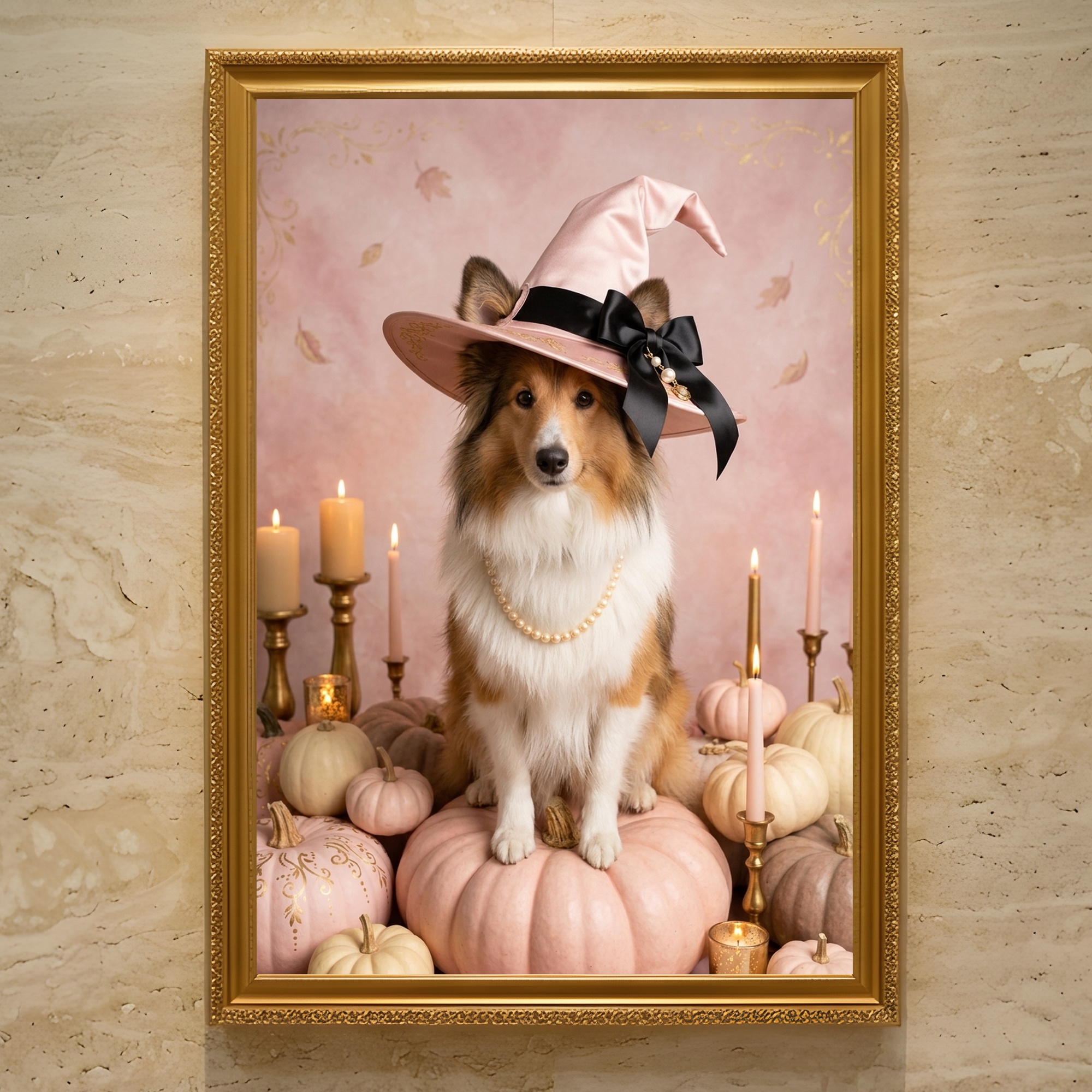 シェットランドシープドッグのかぼちゃとキャンドルの油絵風アートハロウィン額装プリント(A3サイズ)