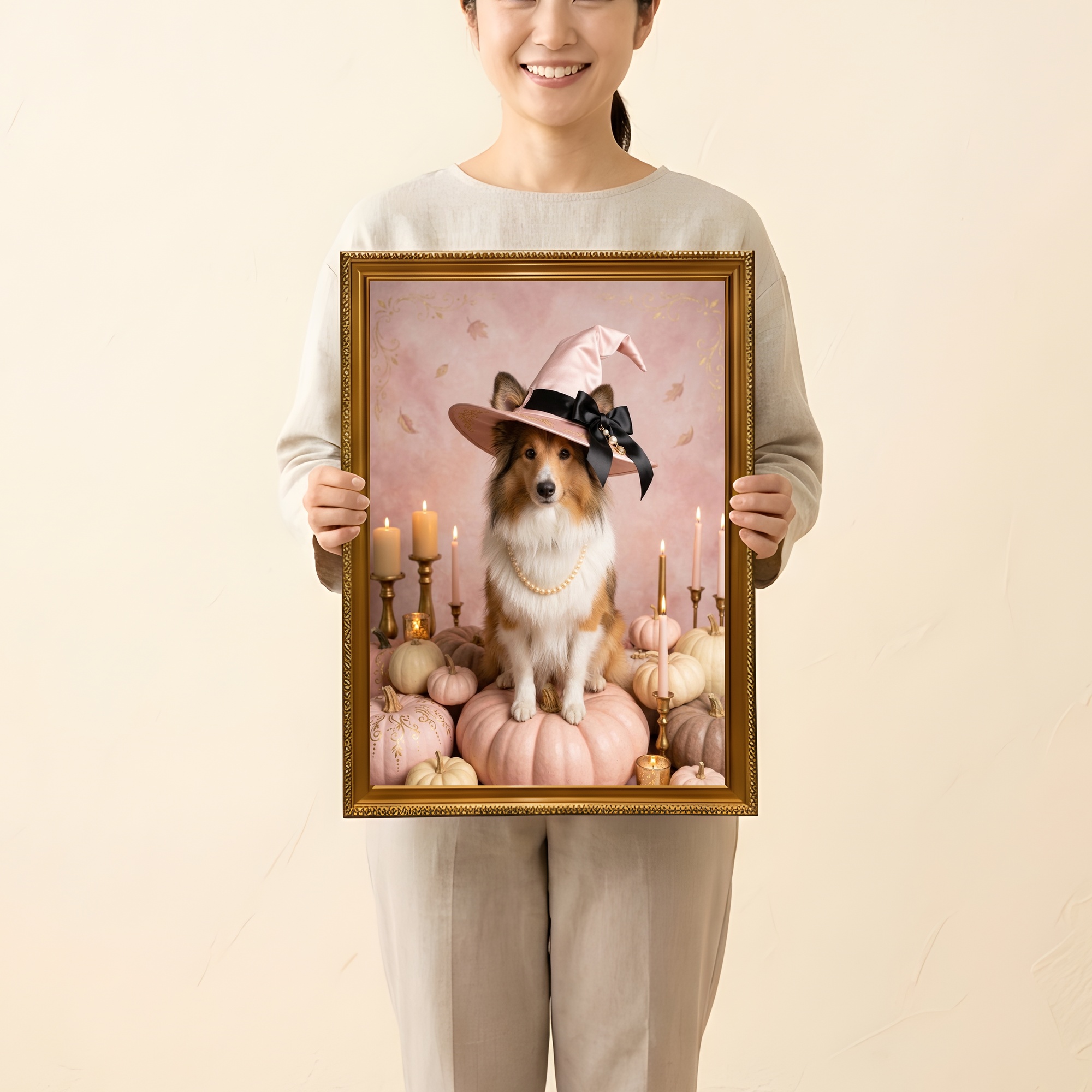 シェットランドシープドッグのかぼちゃとキャンドルの油絵風アートハロウィン額装プリント(A3サイズ)(2枚目)