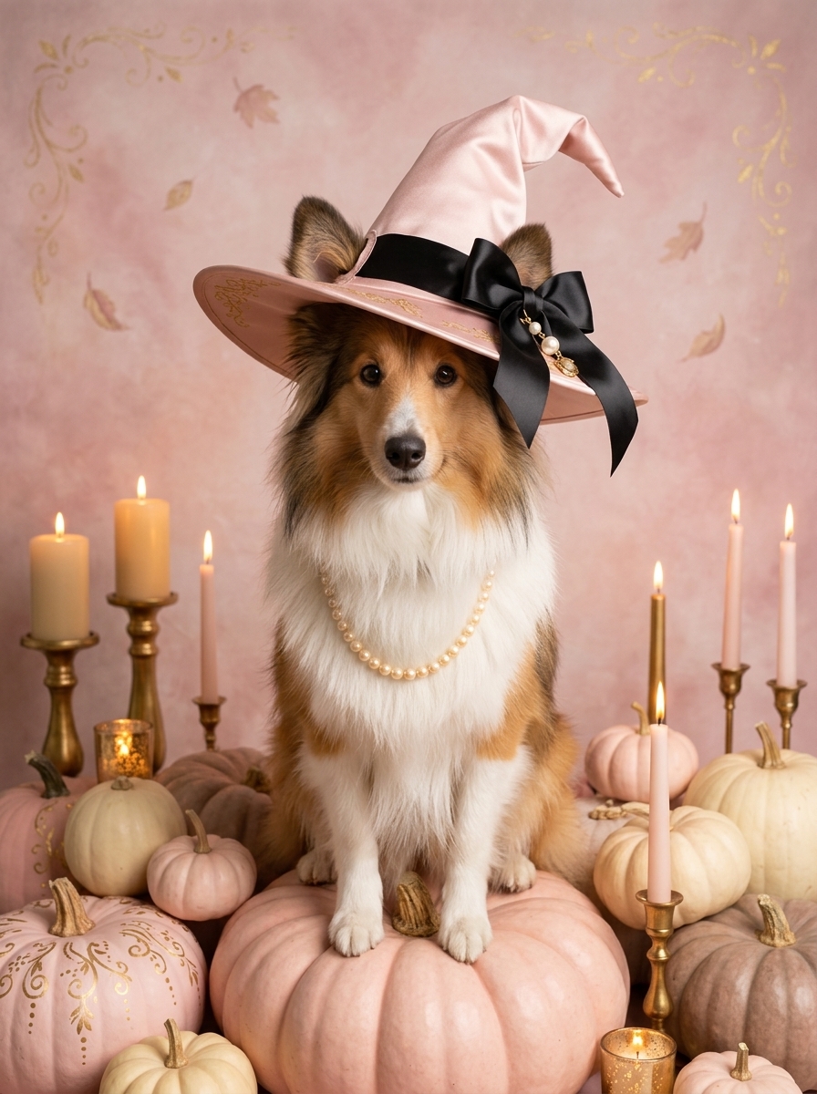 シェットランドシープドッグのかぼちゃとキャンドルの油絵風アートハロウィン額装プリント(A3サイズ)(4枚目)