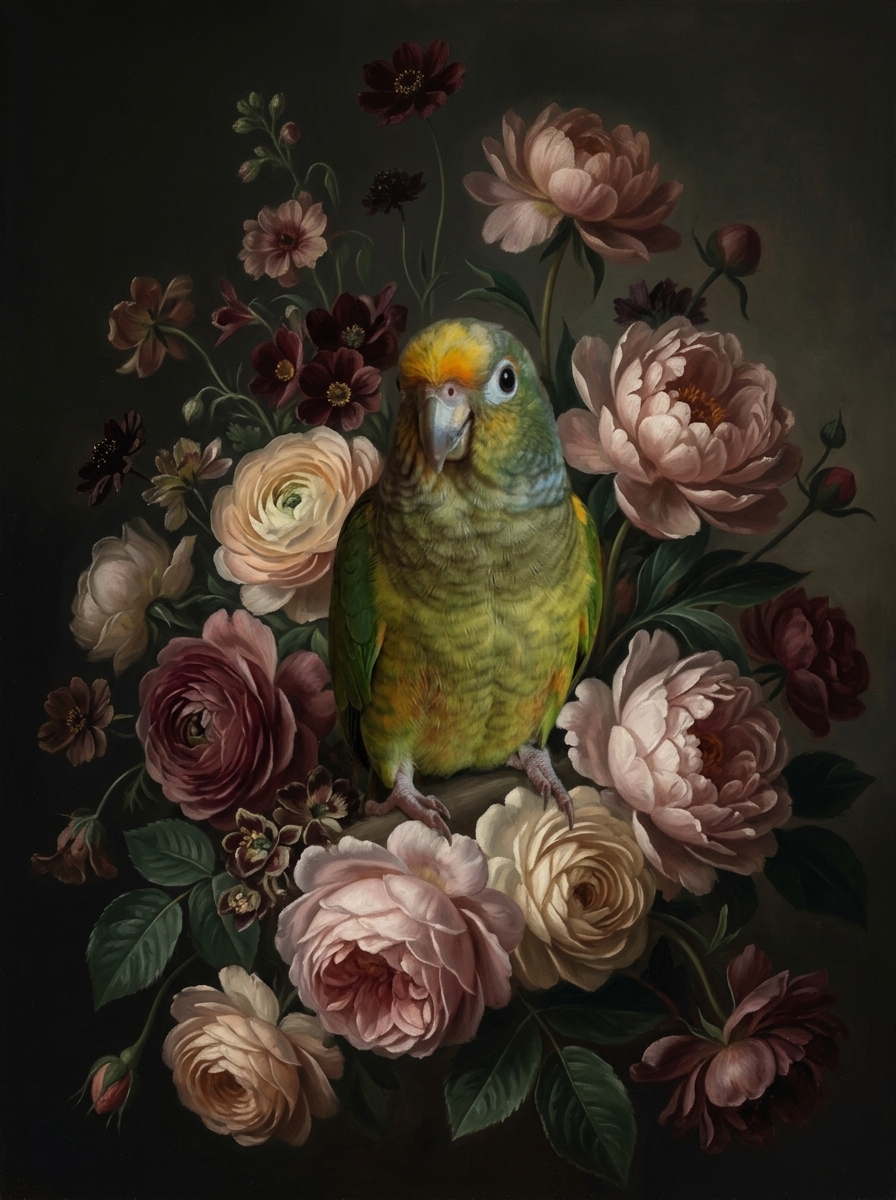メイヤーズパロットの花の油絵風アート花柄額装プリント（A4サイズ）（4枚目）