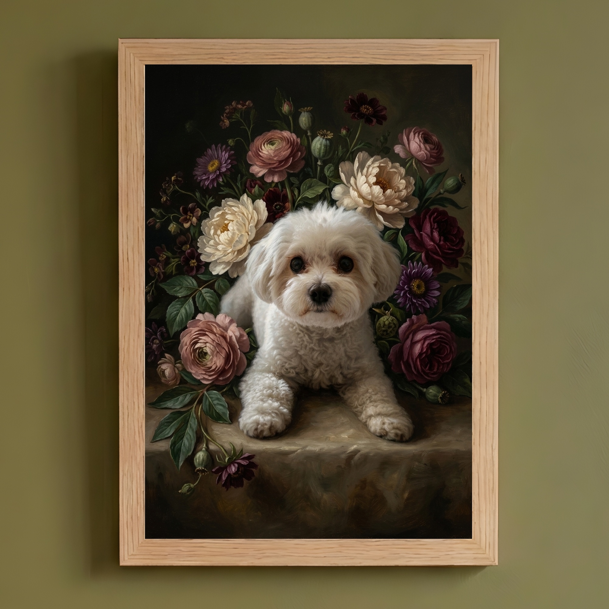 マルチーズの花の油絵風アート花柄額装プリント(A4サイズ)
