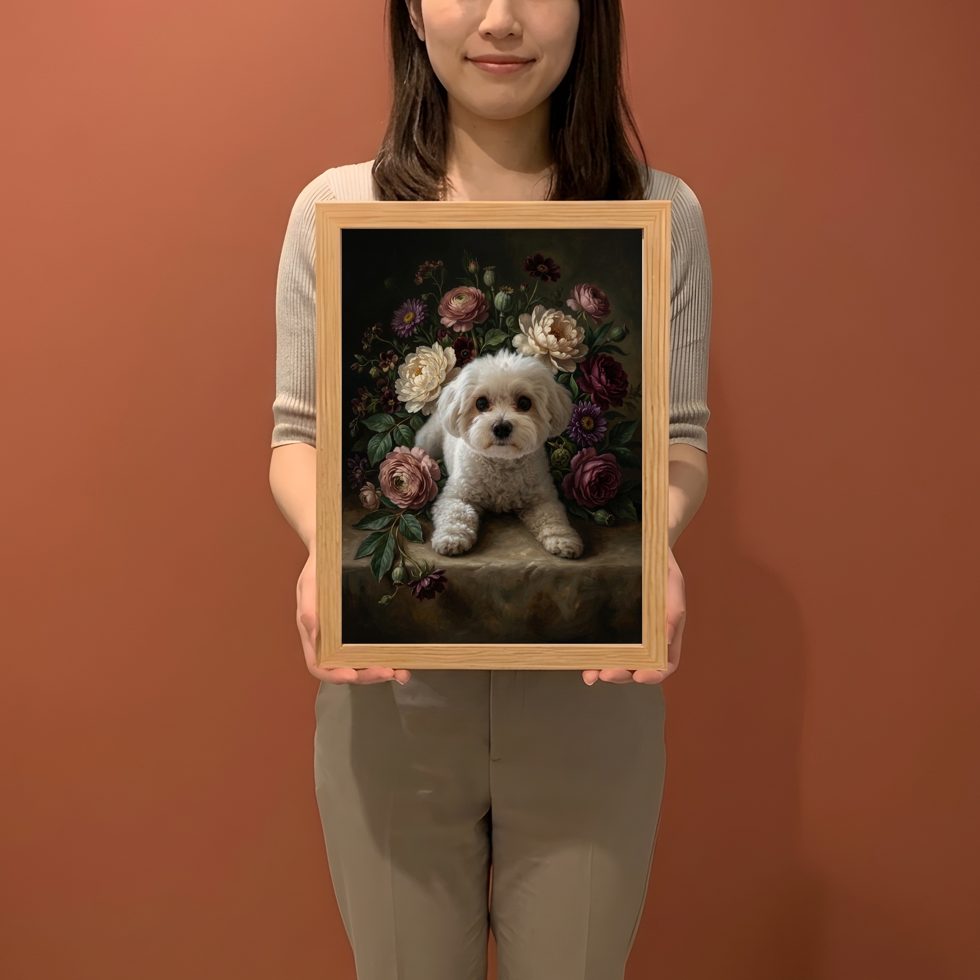 マルチーズの花の油絵風アート花柄額装プリント(A4サイズ)(2枚目)