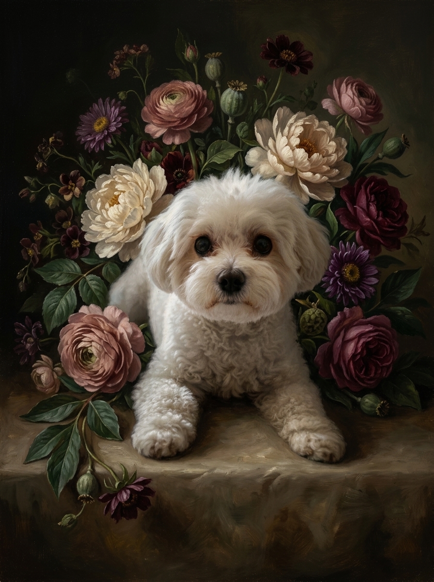 マルチーズの花の油絵風アート花柄額装プリント(A4サイズ)(4枚目)