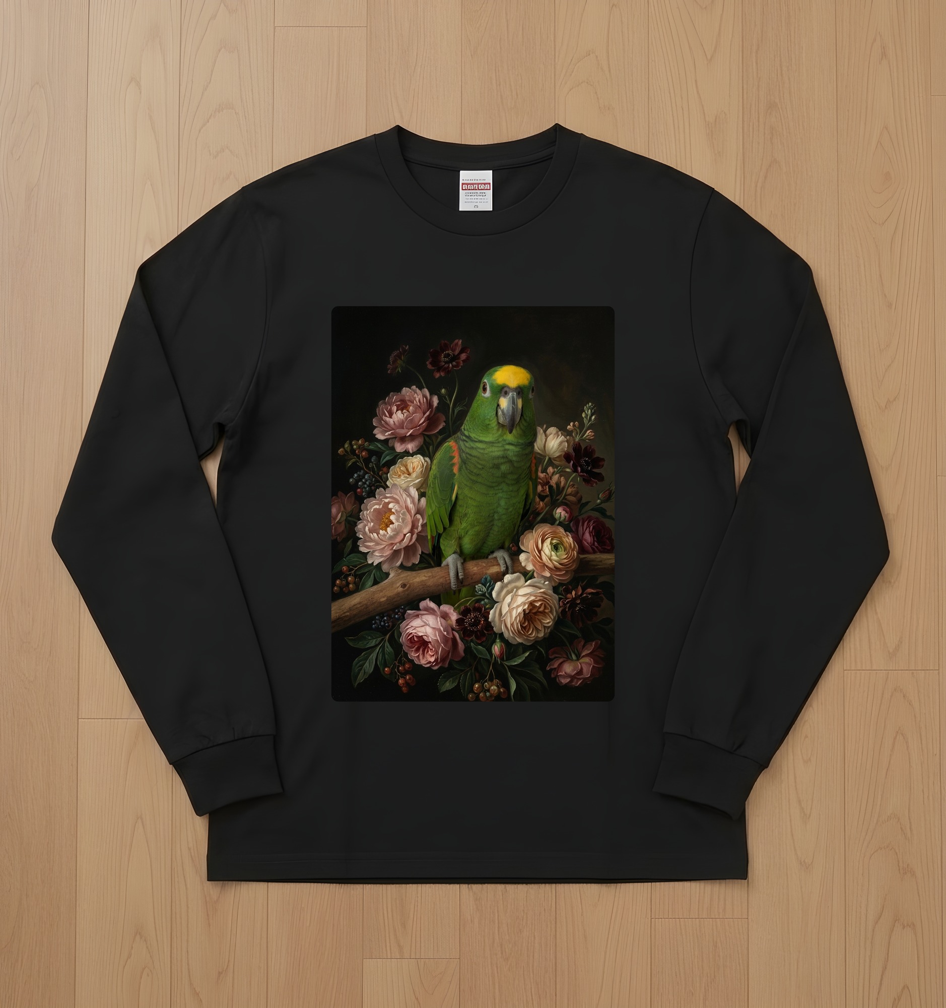 キエリボウシインコの花の油絵風アート花柄長袖Tシャツ(ブラック)