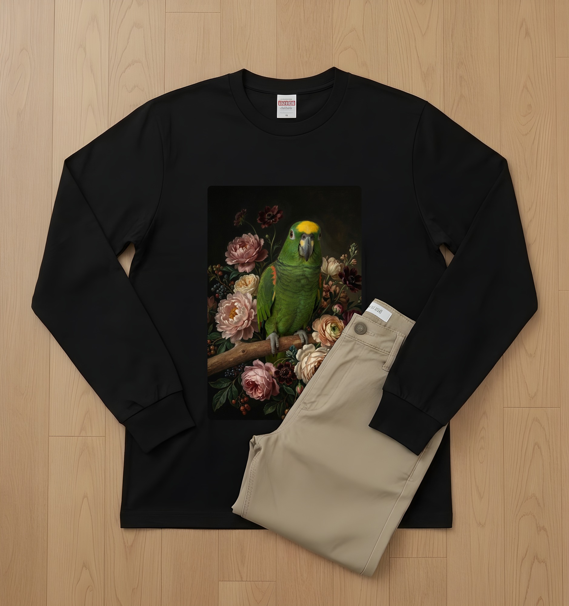 キエリボウシインコの花の油絵風アート花柄長袖Tシャツ(ブラック)(2枚目)