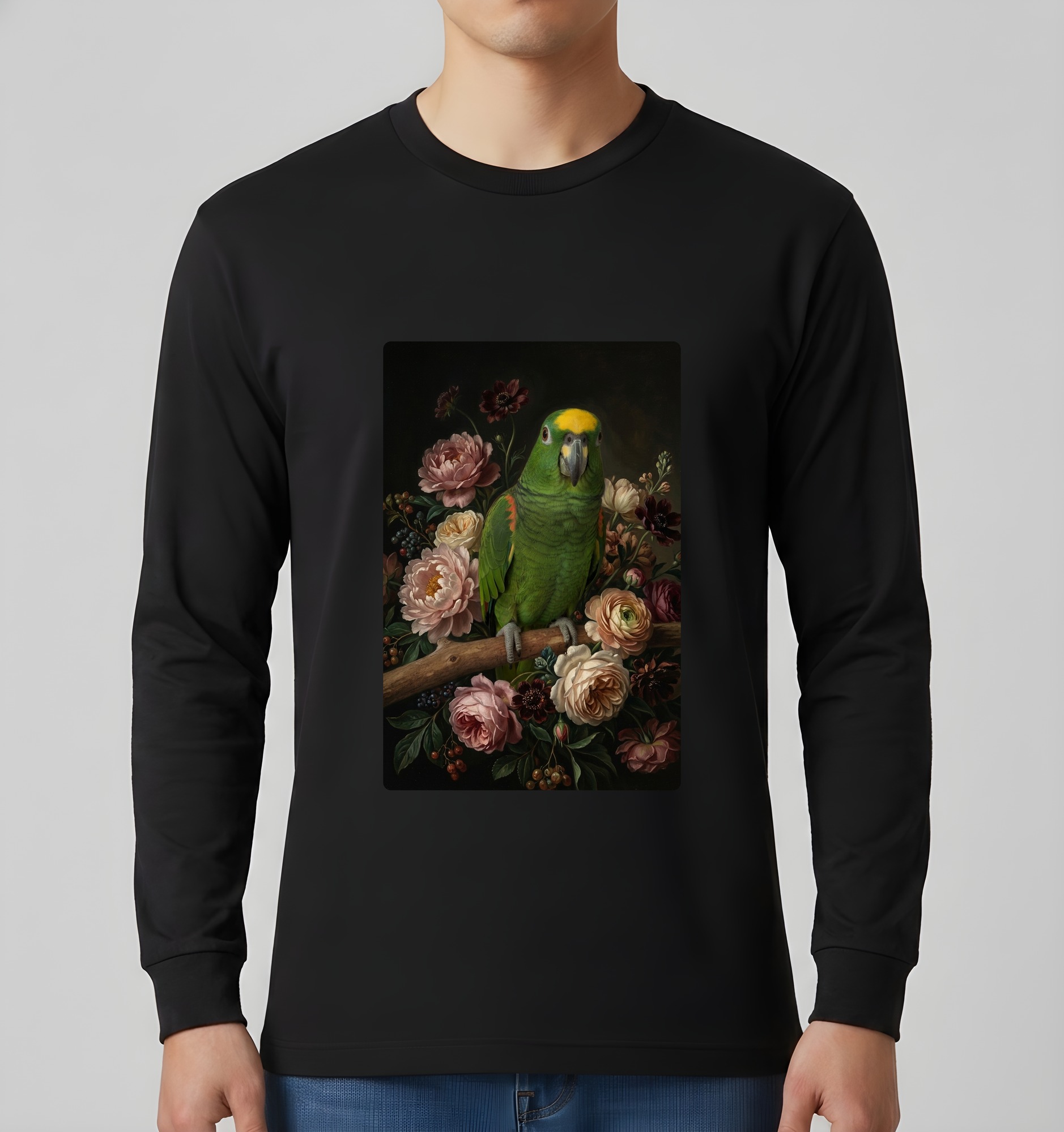 キエリボウシインコの花の油絵風アート花柄長袖Tシャツ(ブラック)(3枚目)