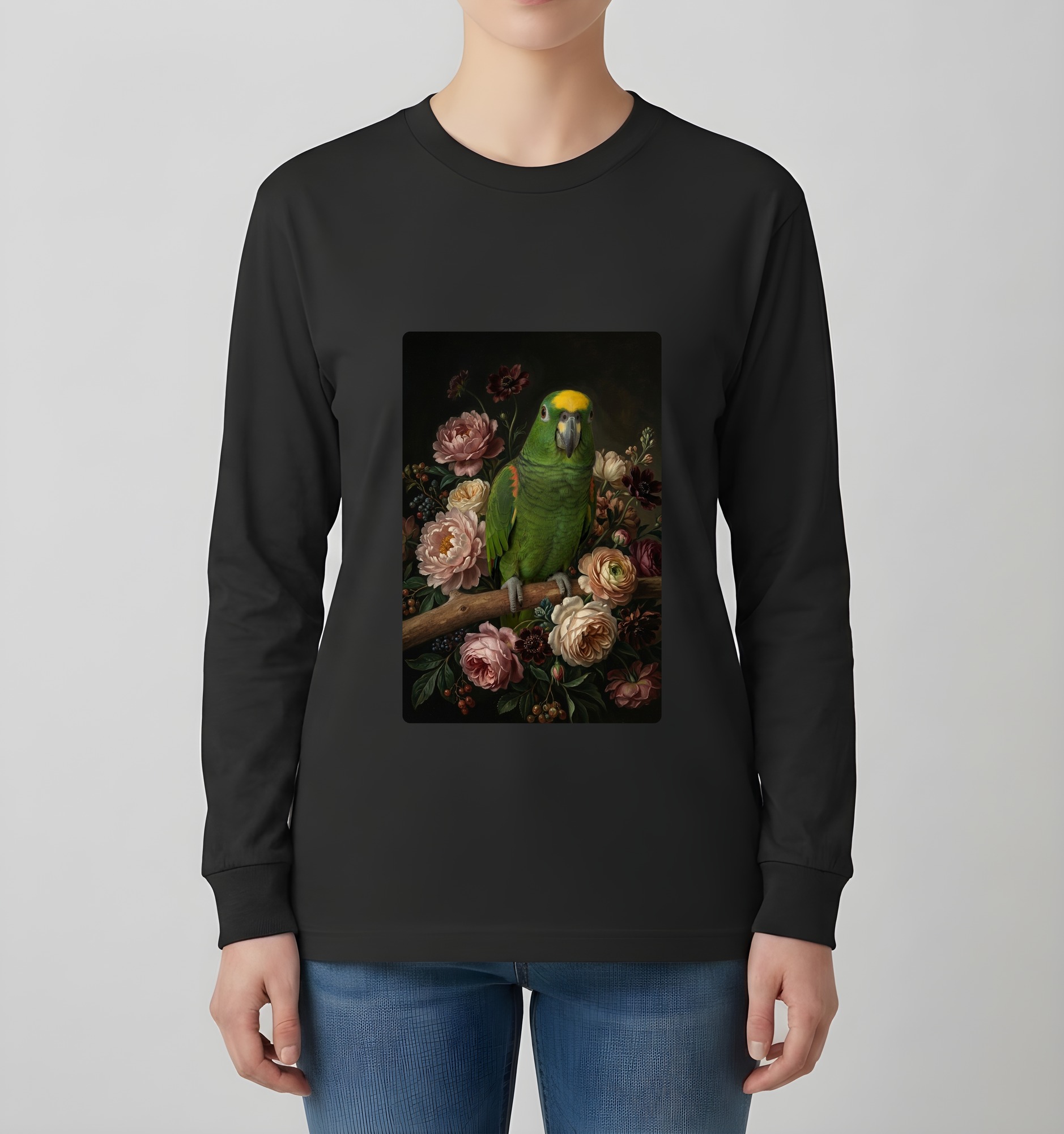 キエリボウシインコの花の油絵風アート花柄長袖Tシャツ(ブラック)(4枚目)