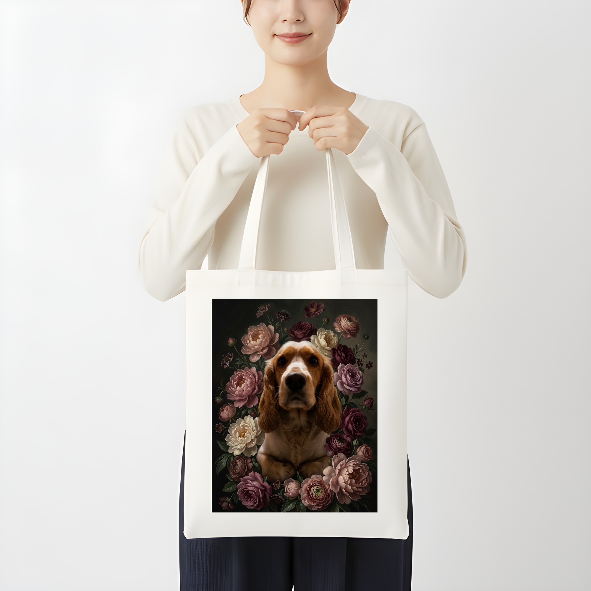 コッカースパニエルの花の油絵風アート花柄トートバッグ(3枚目)
