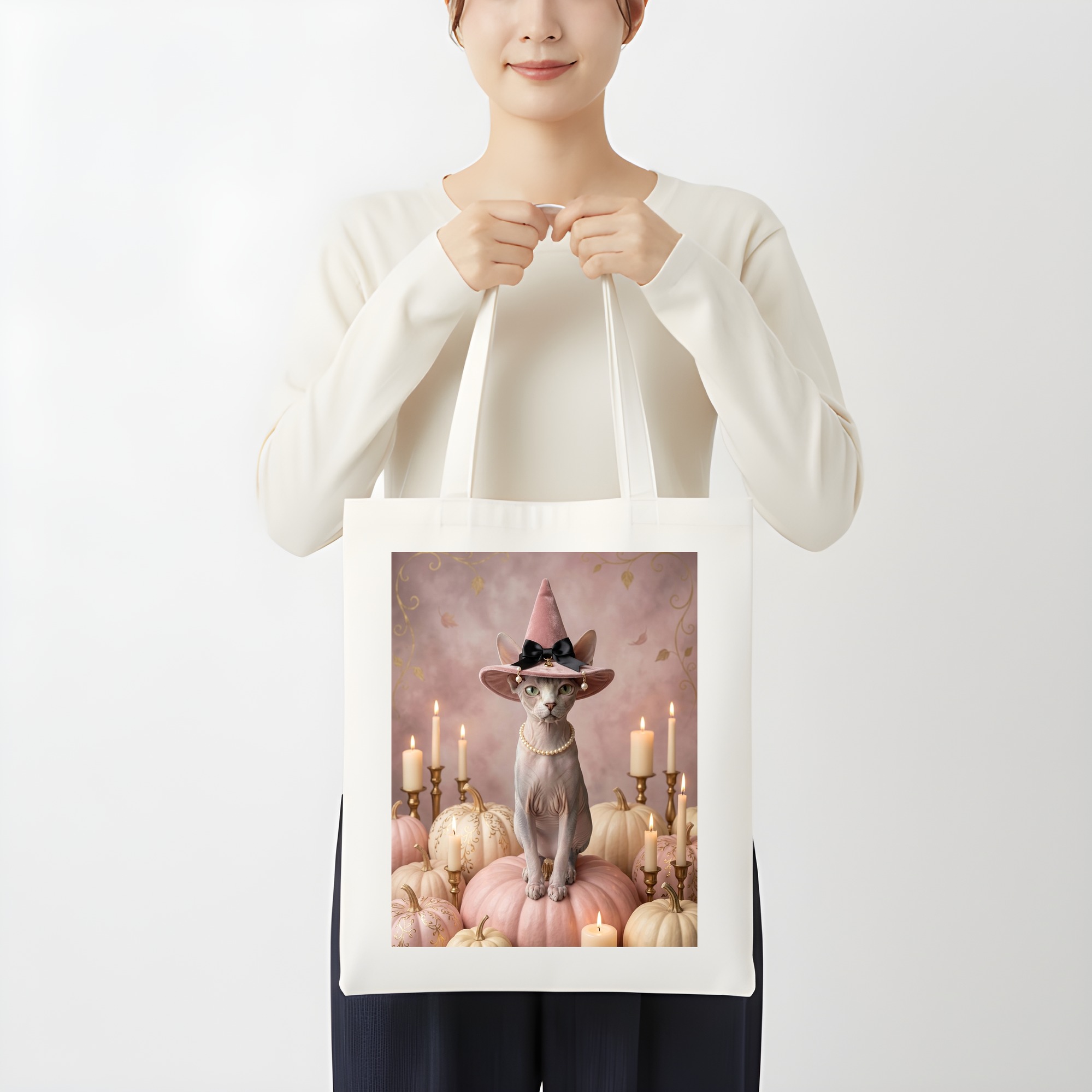 スフィンクスのかぼちゃとキャンドルの油絵風アートハロウィントートバッグ(3枚目)