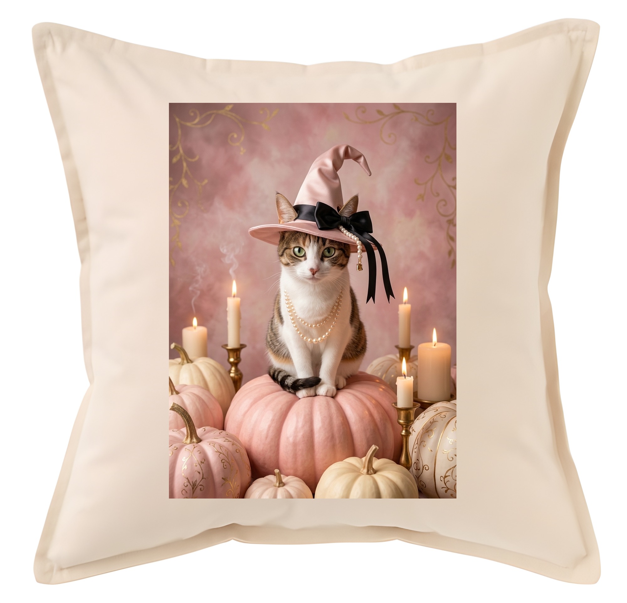 猫のかぼちゃとキャンドルの油絵風アートハロウィンクッション
