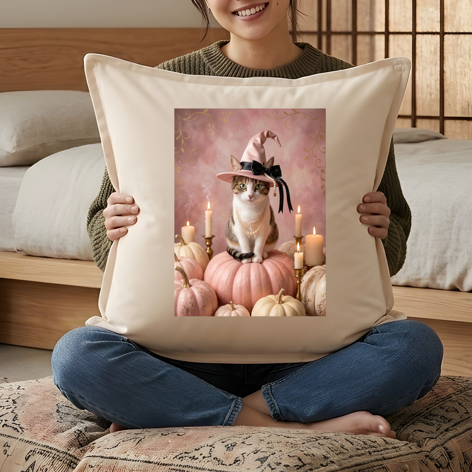 猫のかぼちゃとキャンドルの油絵風アートハロウィンクッション（3枚目）