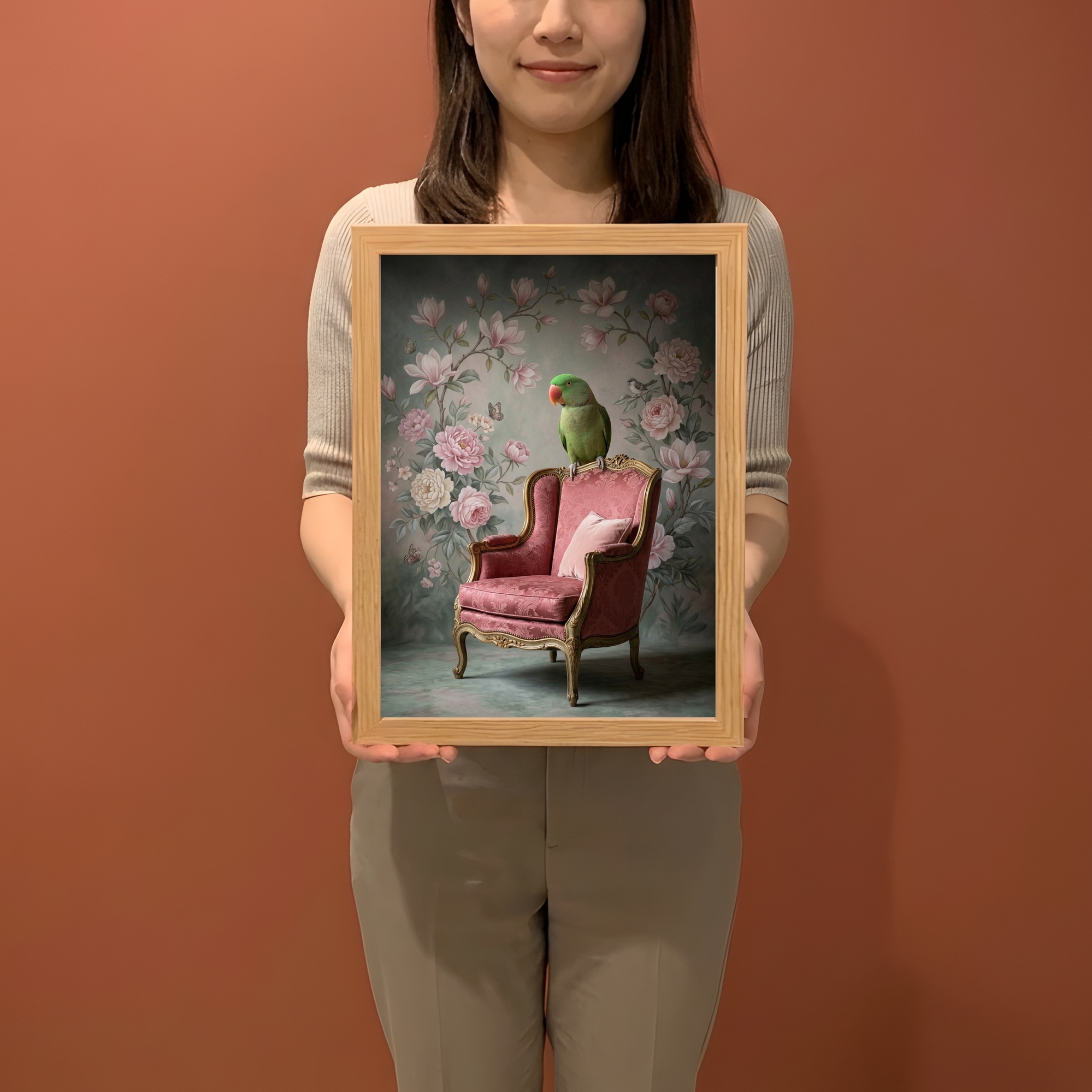 オオハナインコのシャビーピンクの油絵風アートロココ調額装プリント（A4サイズ）（2枚目）
