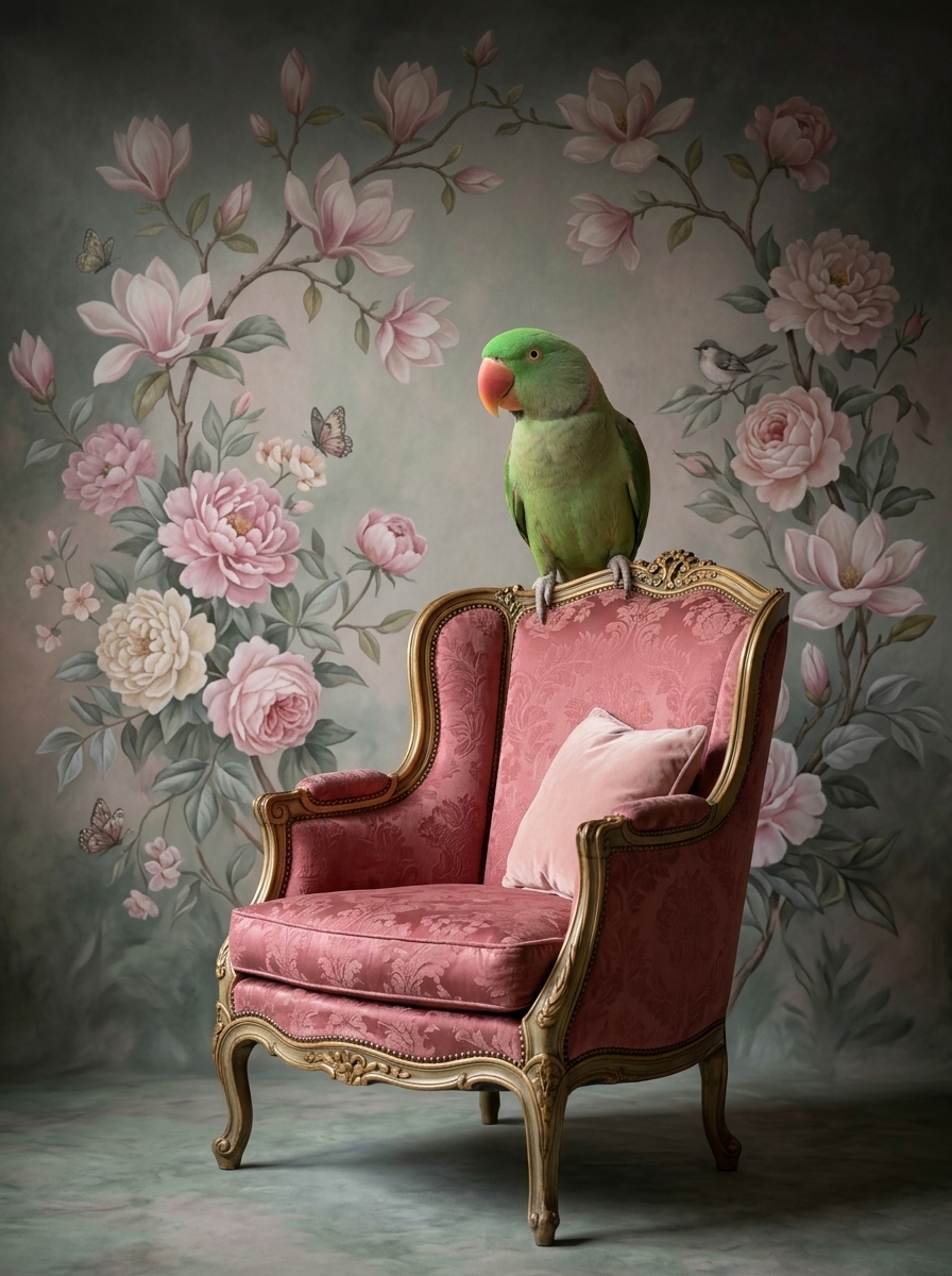 オオハナインコのシャビーピンクの油絵風アートロココ調額装プリント（A4サイズ）（4枚目）