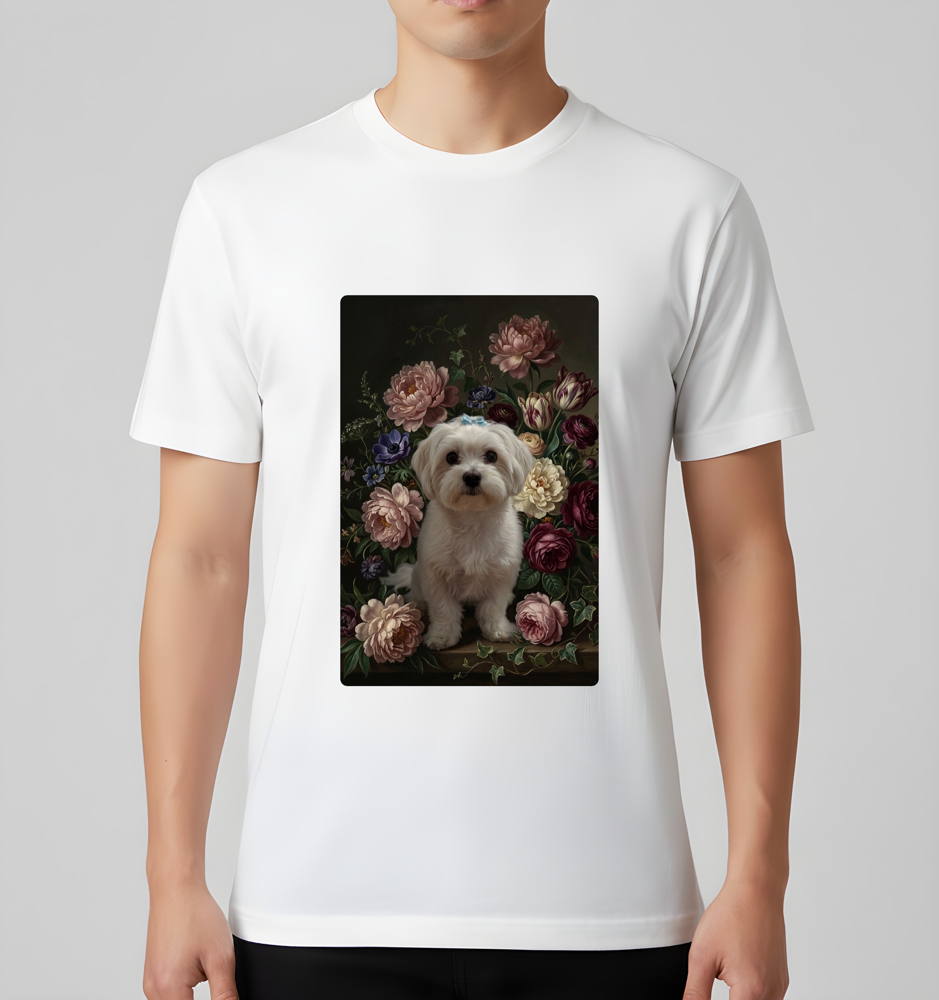 マルチーズの花の油絵風アート花柄Tシャツ(ホワイト)(3枚目)
