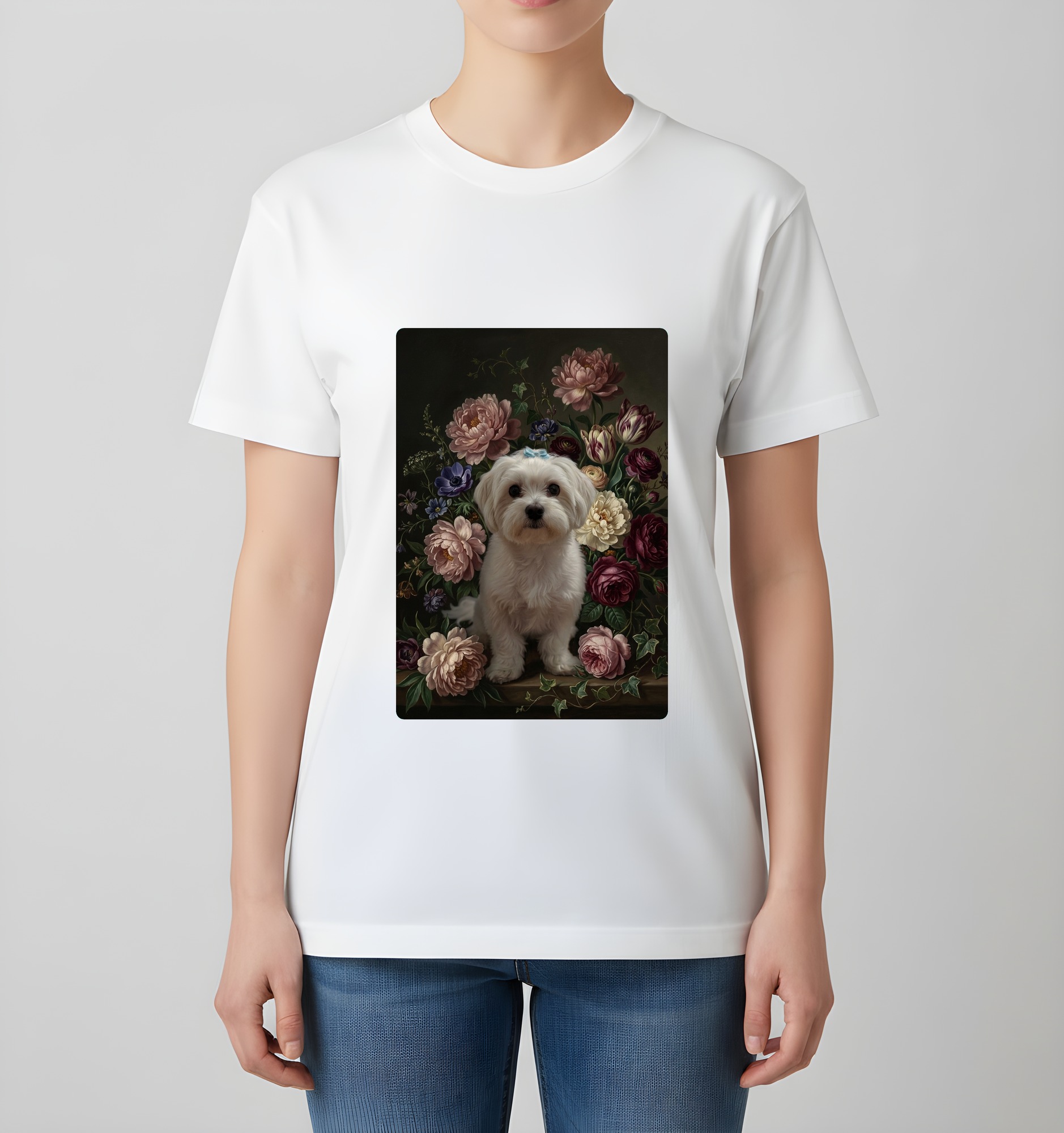 マルチーズの花の油絵風アート花柄Tシャツ(ホワイト)(4枚目)