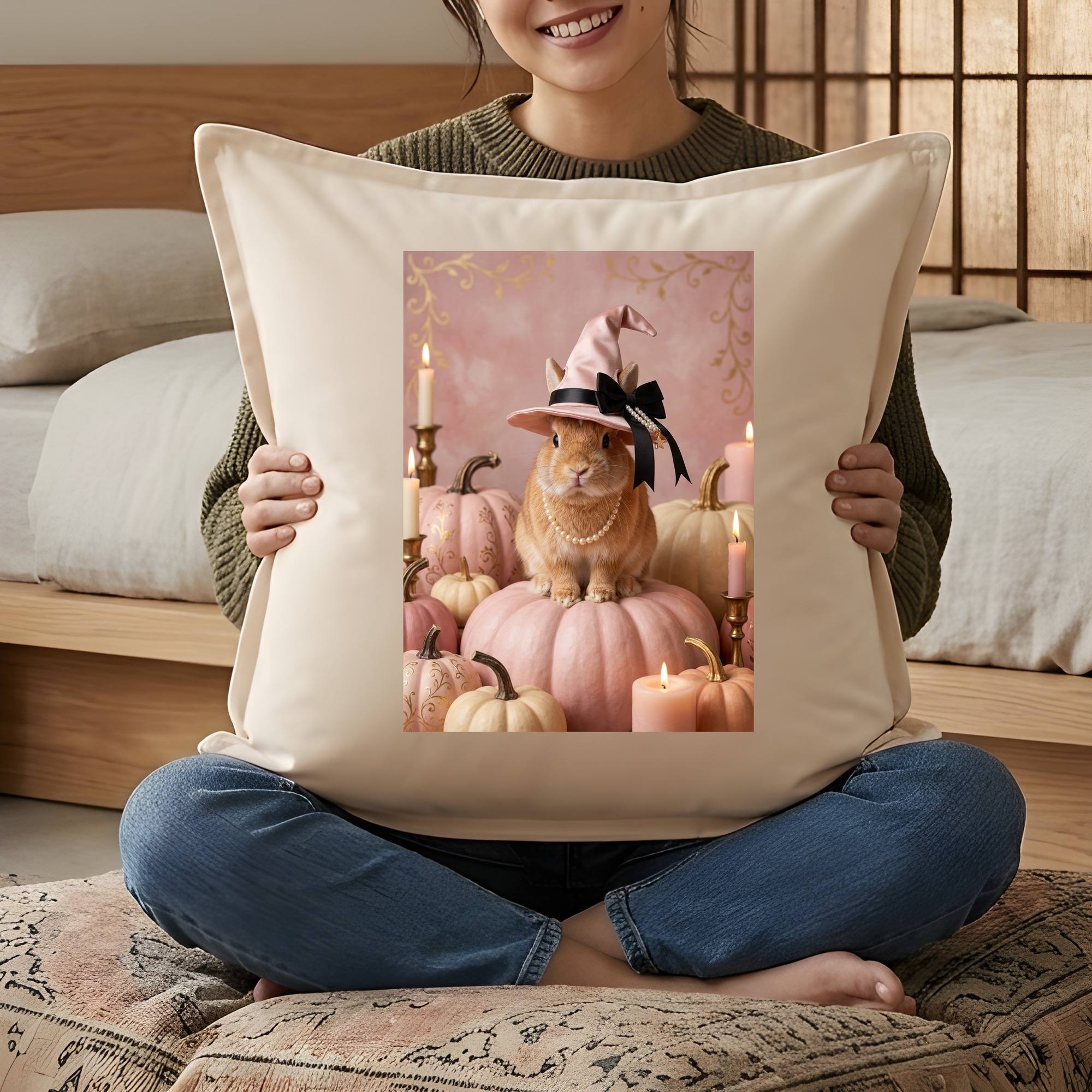ネザーランドドワーフのかぼちゃとキャンドルの油絵風アートハロウィンクッション（3枚目）