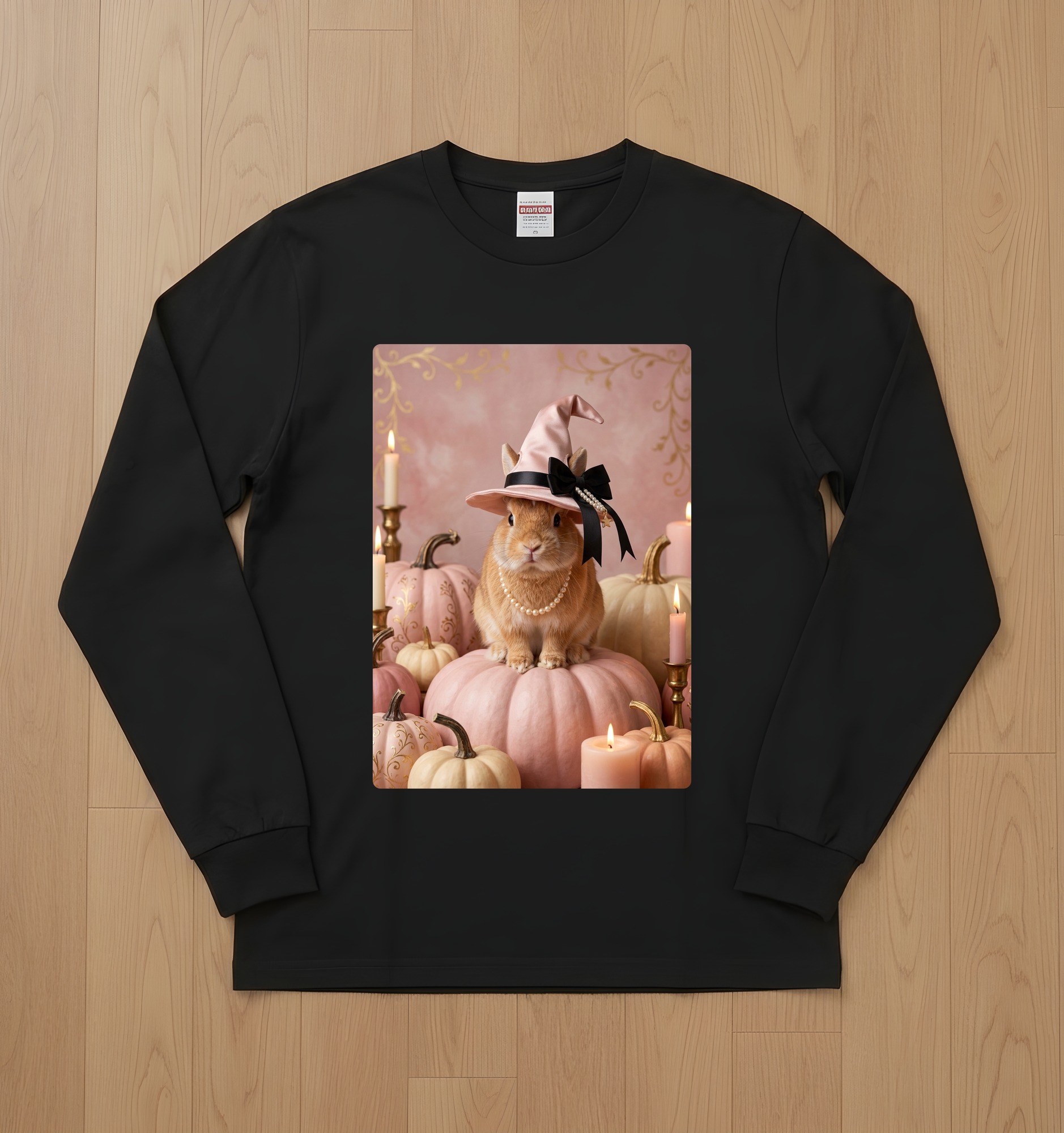 ネザーランドドワーフのかぼちゃとキャンドルの油絵風アートハロウィン長袖Tシャツ(ブラック)