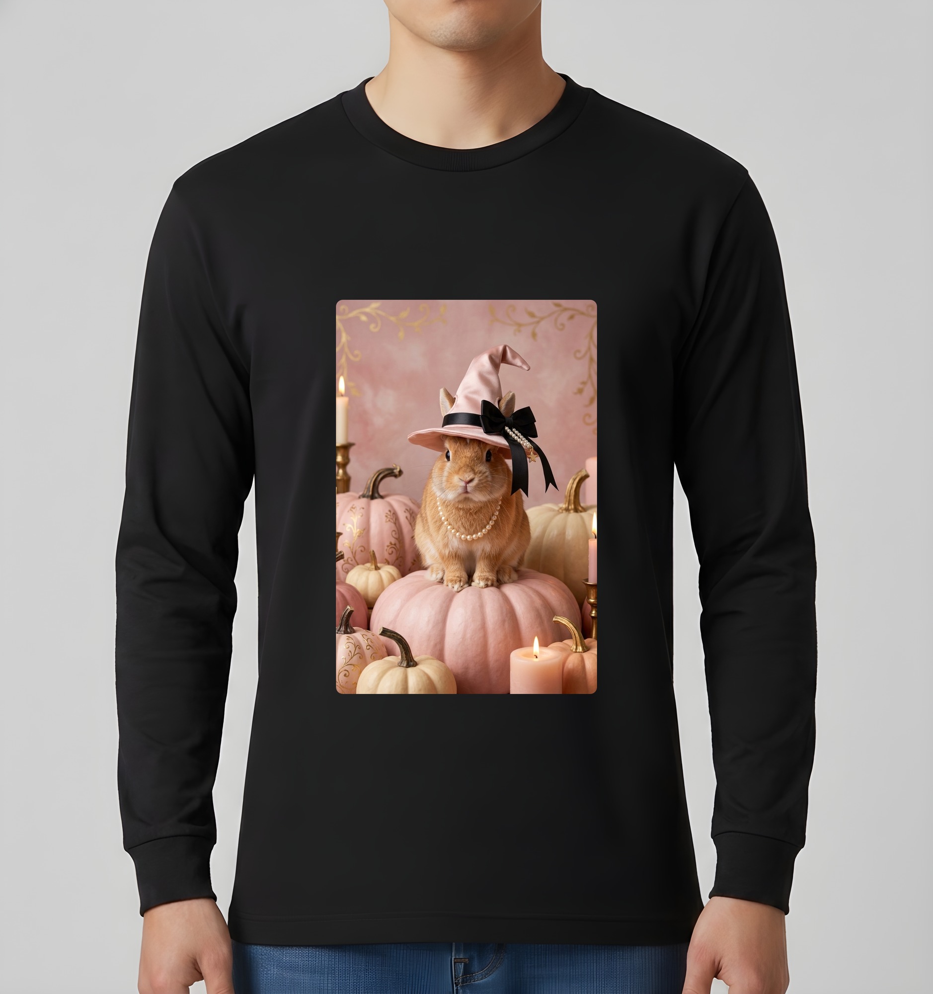 ネザーランドドワーフのかぼちゃとキャンドルの油絵風アートハロウィン長袖Tシャツ(ブラック)(3枚目)