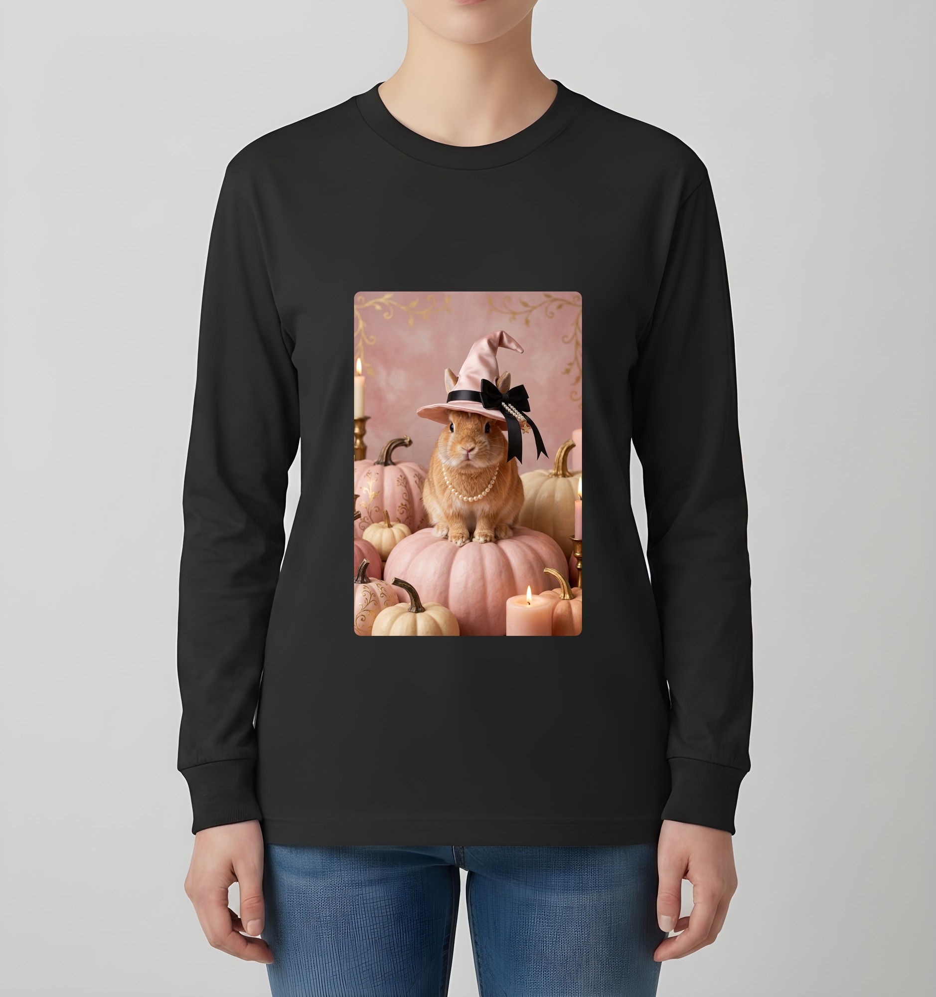 ネザーランドドワーフのかぼちゃとキャンドルの油絵風アートハロウィン長袖Tシャツ(ブラック)(4枚目)