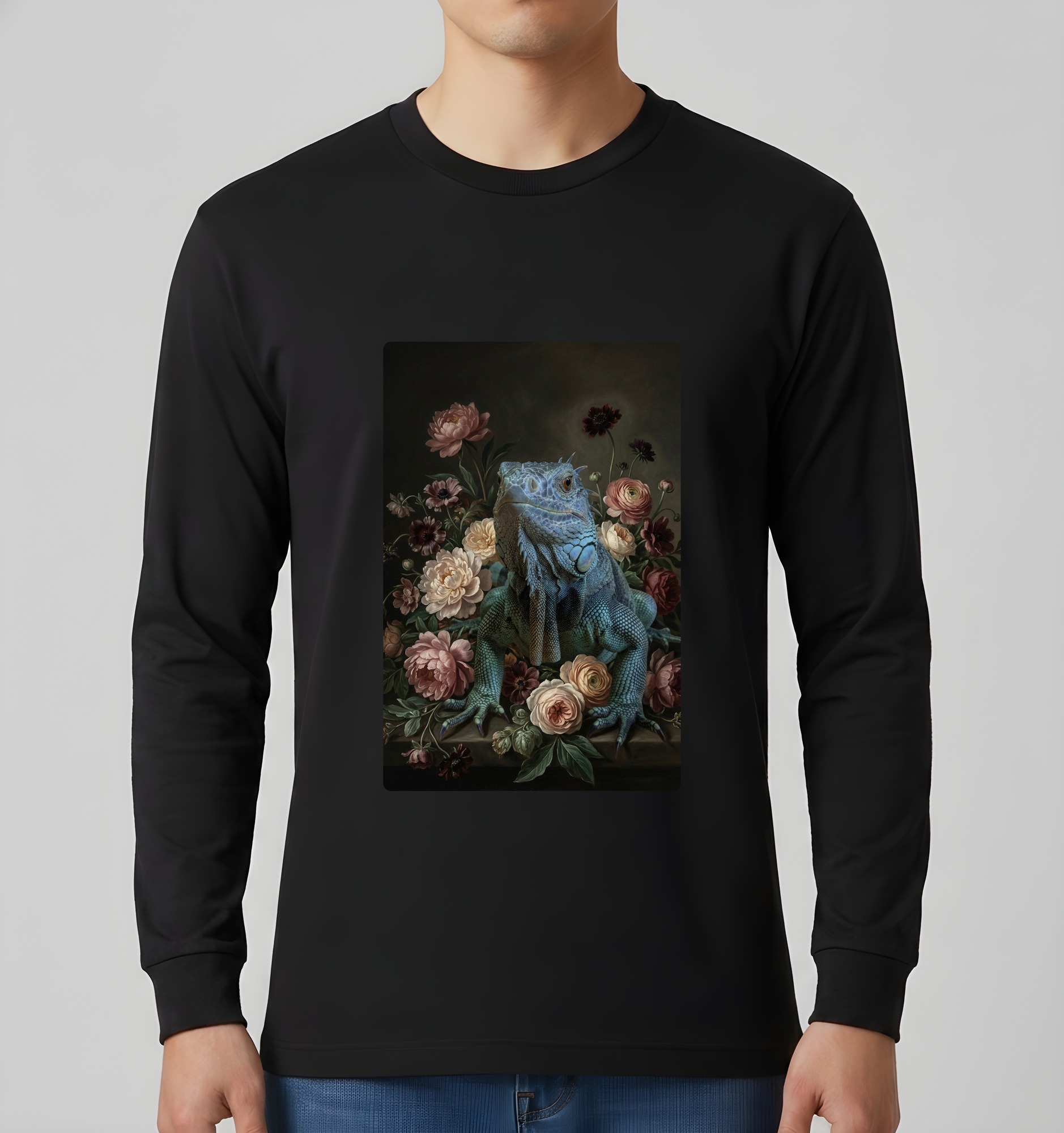 ブルーイグアナの花の油絵風アート花柄長袖Tシャツ（ブラック）（3枚目）