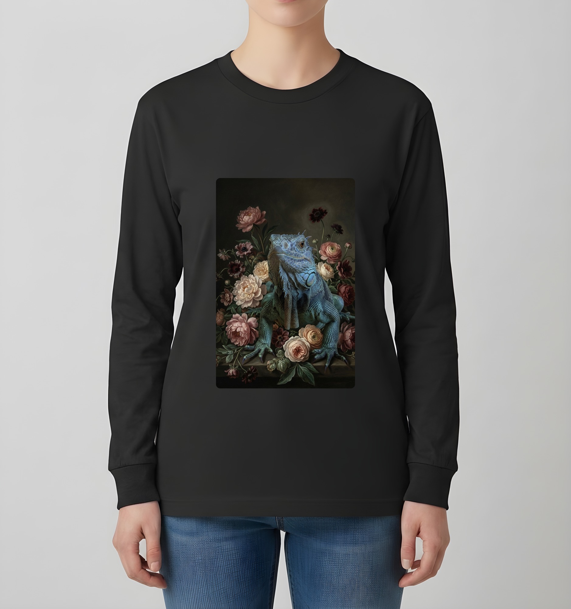 ブルーイグアナの花の油絵風アート花柄長袖Tシャツ（ブラック）（4枚目）