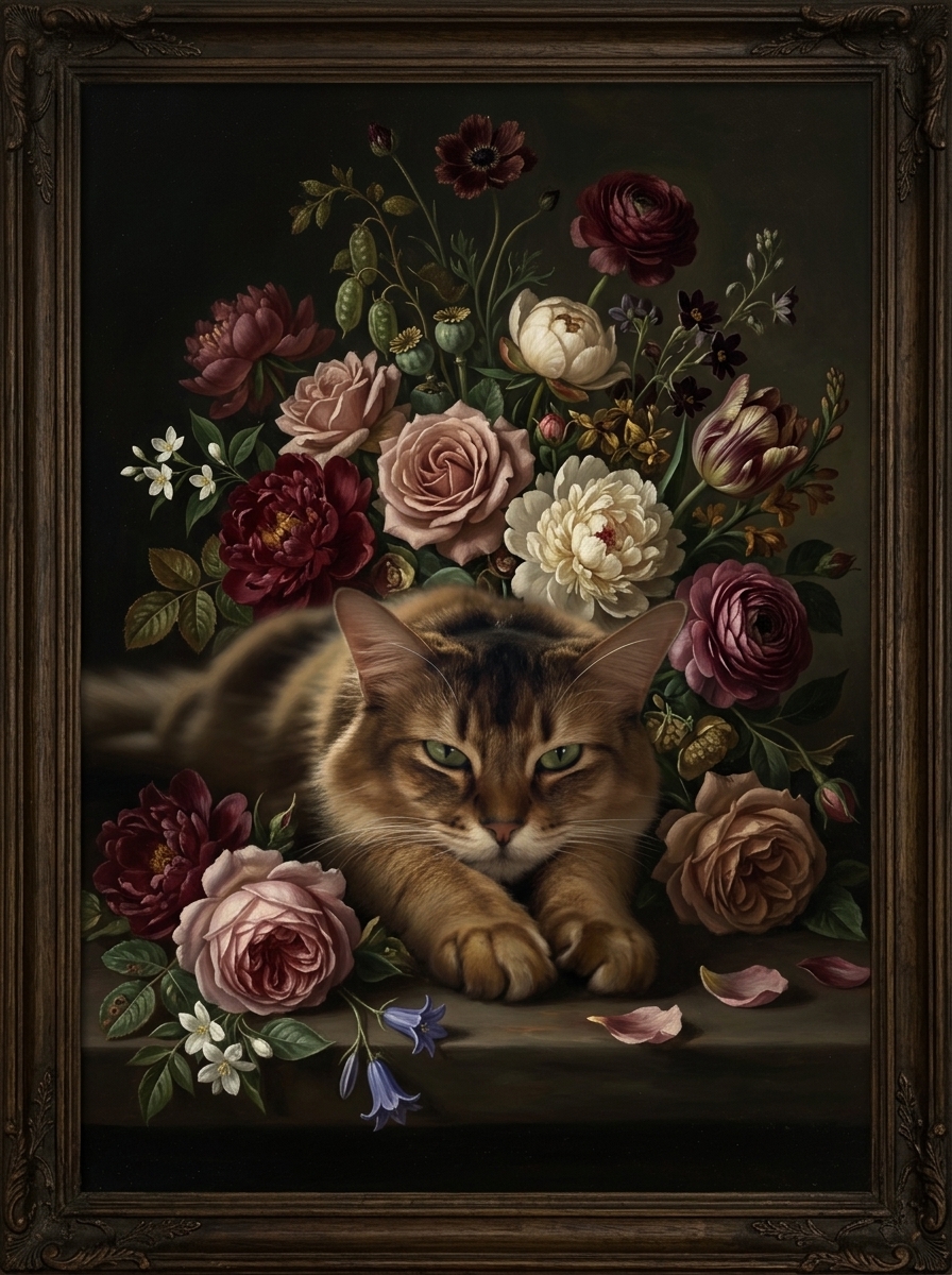 アビシニアンの花の油絵風アート花柄額装プリント（A3サイズ）（4枚目）