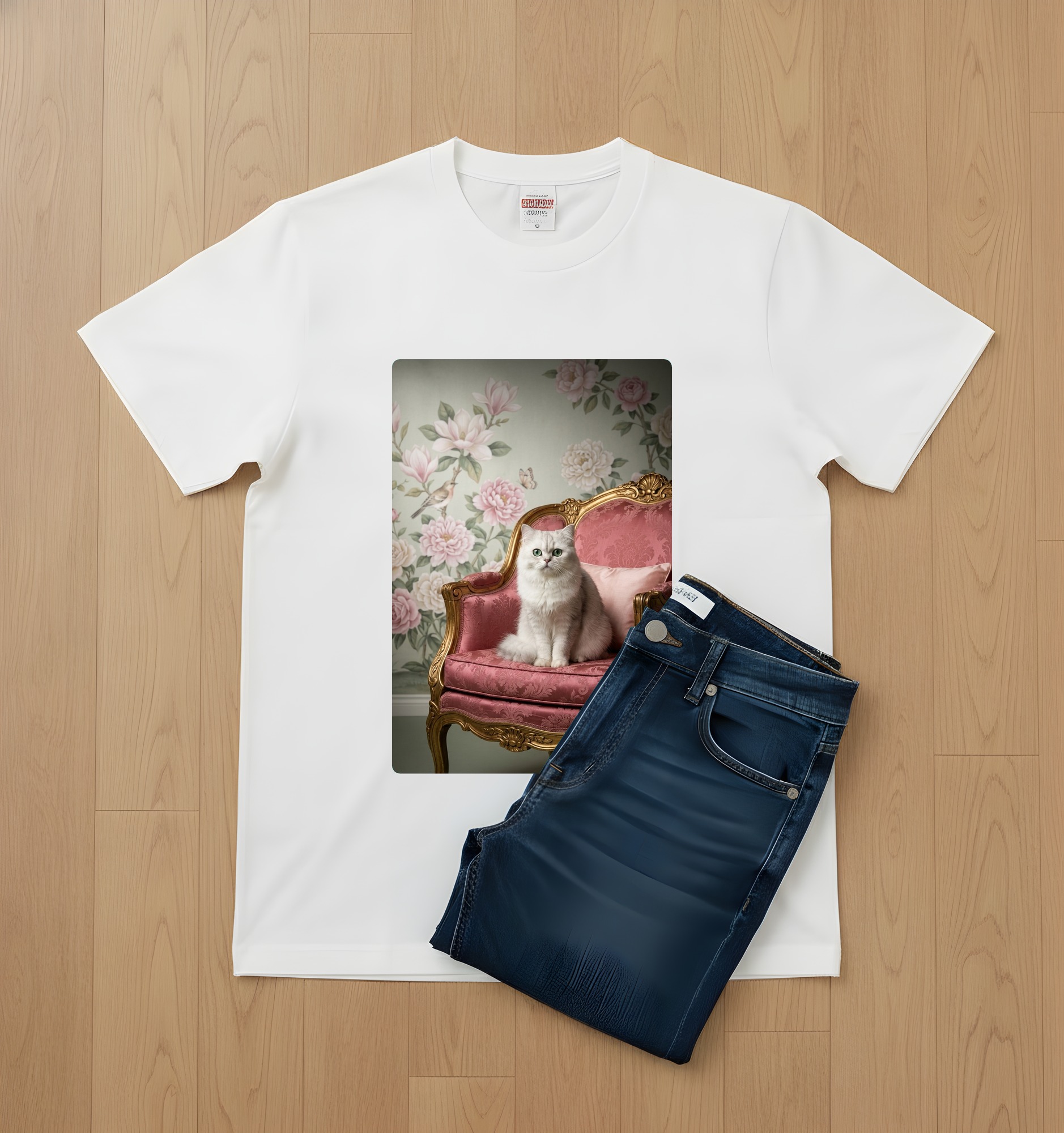 チンチラペルシャのシャビーピンクの油絵風アートロココ調Tシャツ（ホワイト）（2枚目）
