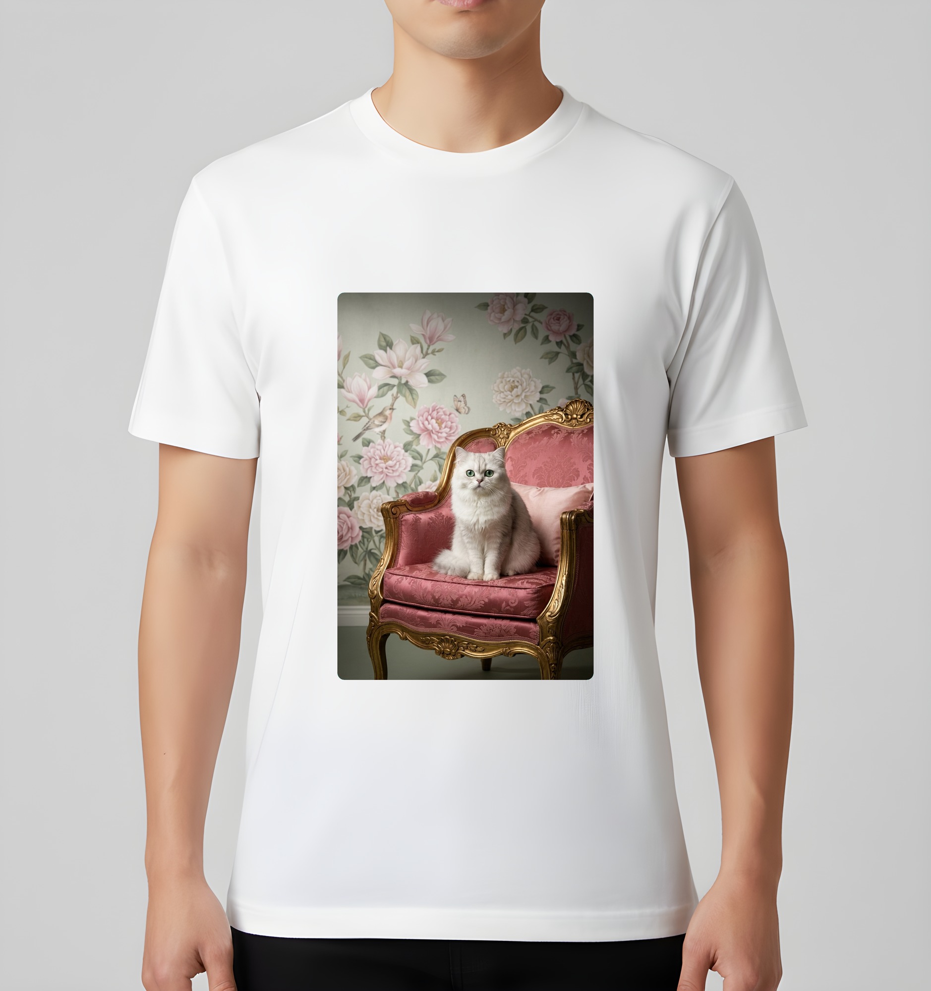 チンチラペルシャのシャビーピンクの油絵風アートロココ調Tシャツ（ホワイト）（3枚目）