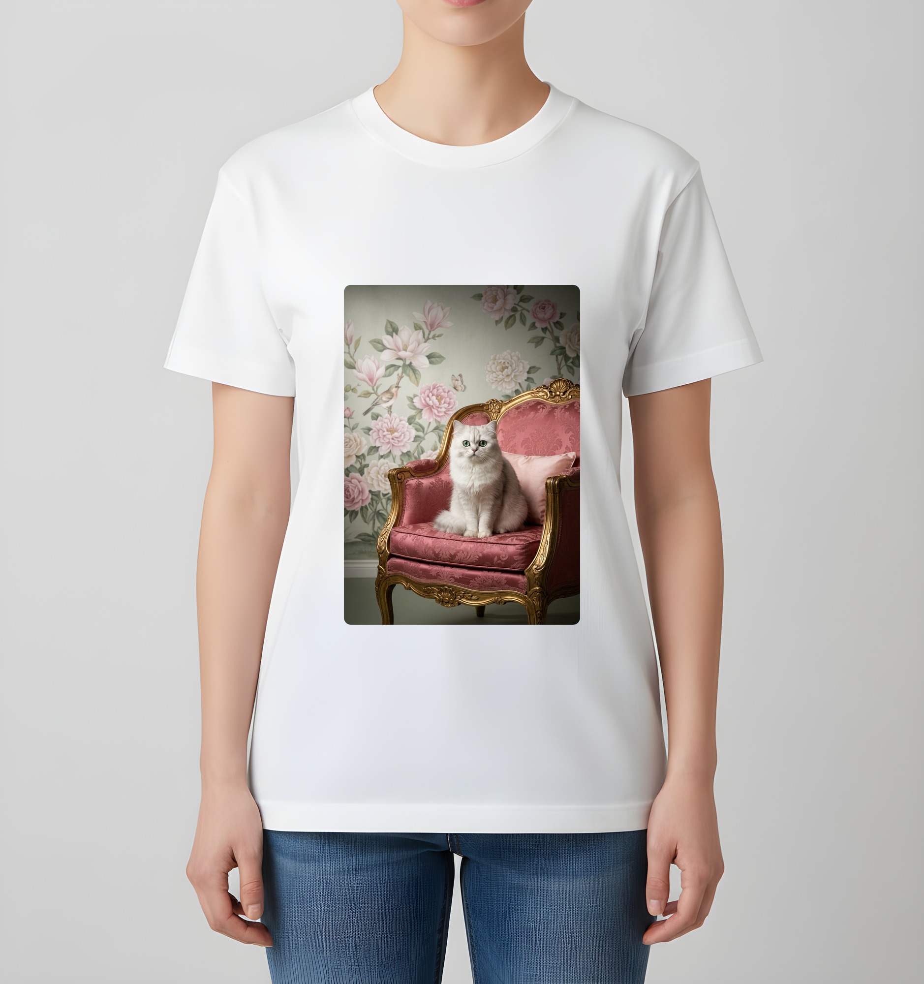 チンチラペルシャのシャビーピンクの油絵風アートロココ調Tシャツ（ホワイト）（4枚目）