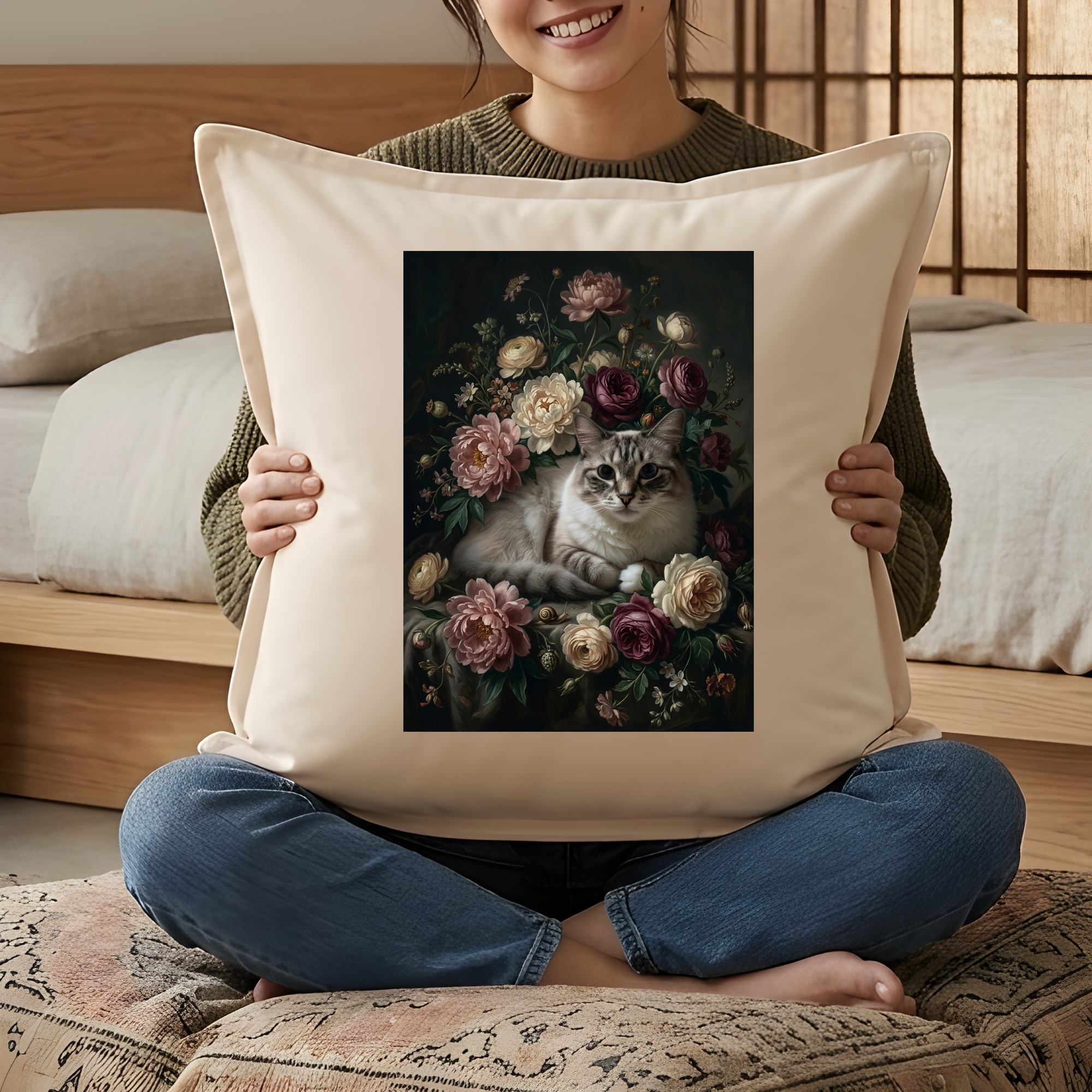 ラグドールの花の油絵風アート花柄クッション(3枚目)