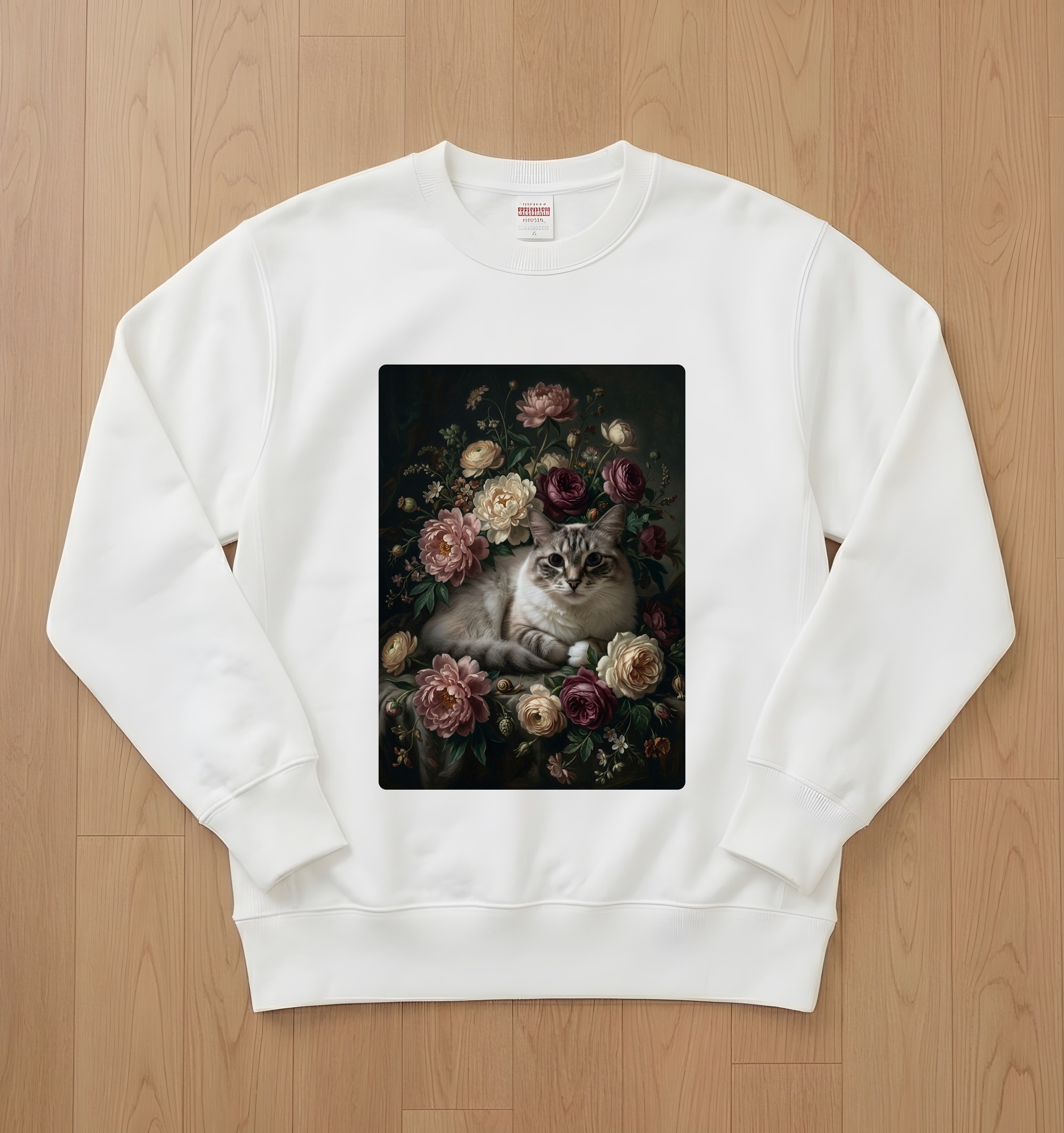 ラグドールの花の油絵風アート花柄トレーナー(ホワイト)