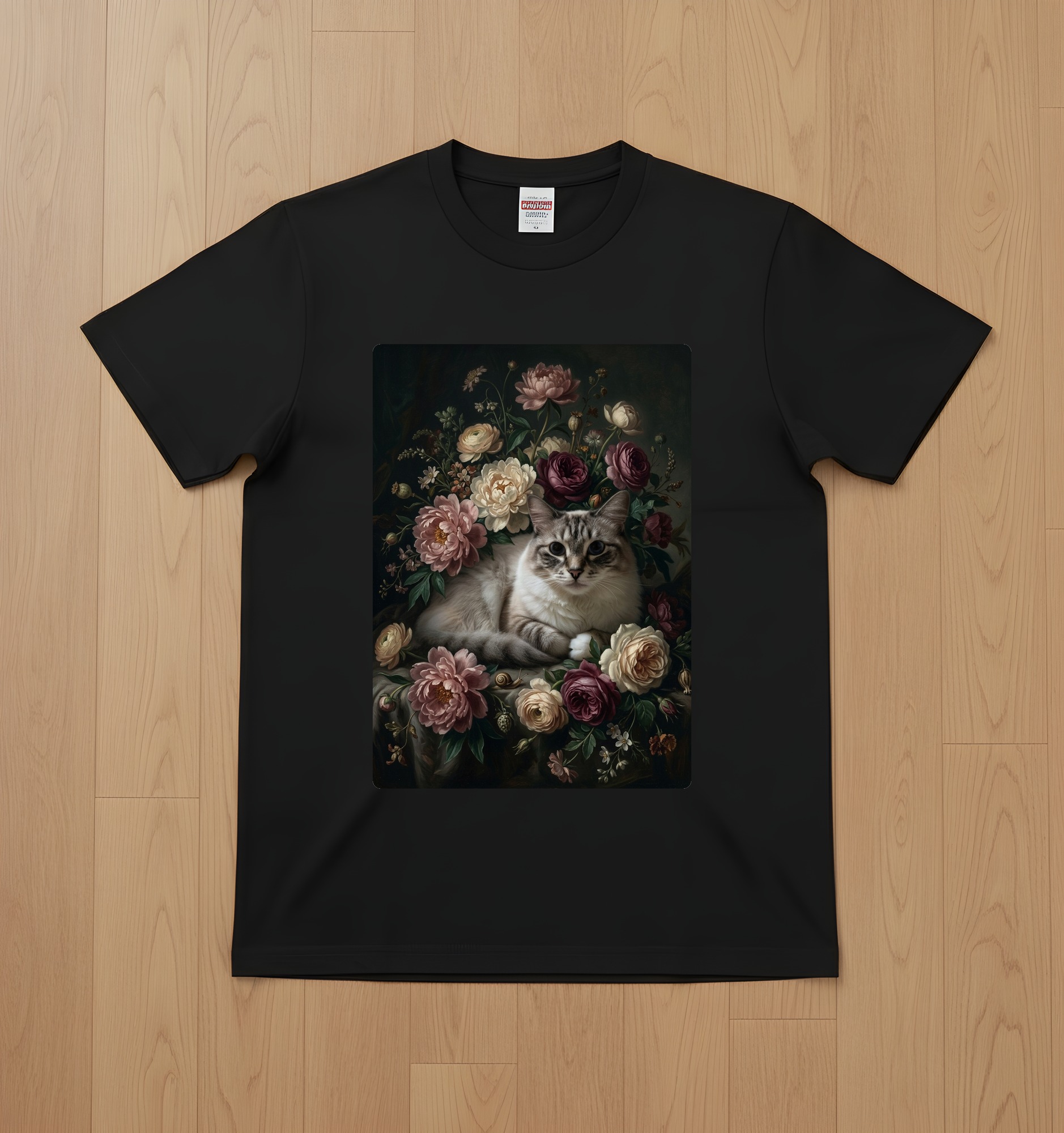 ラグドールの花の油絵風アート花柄Tシャツ(ブラック)