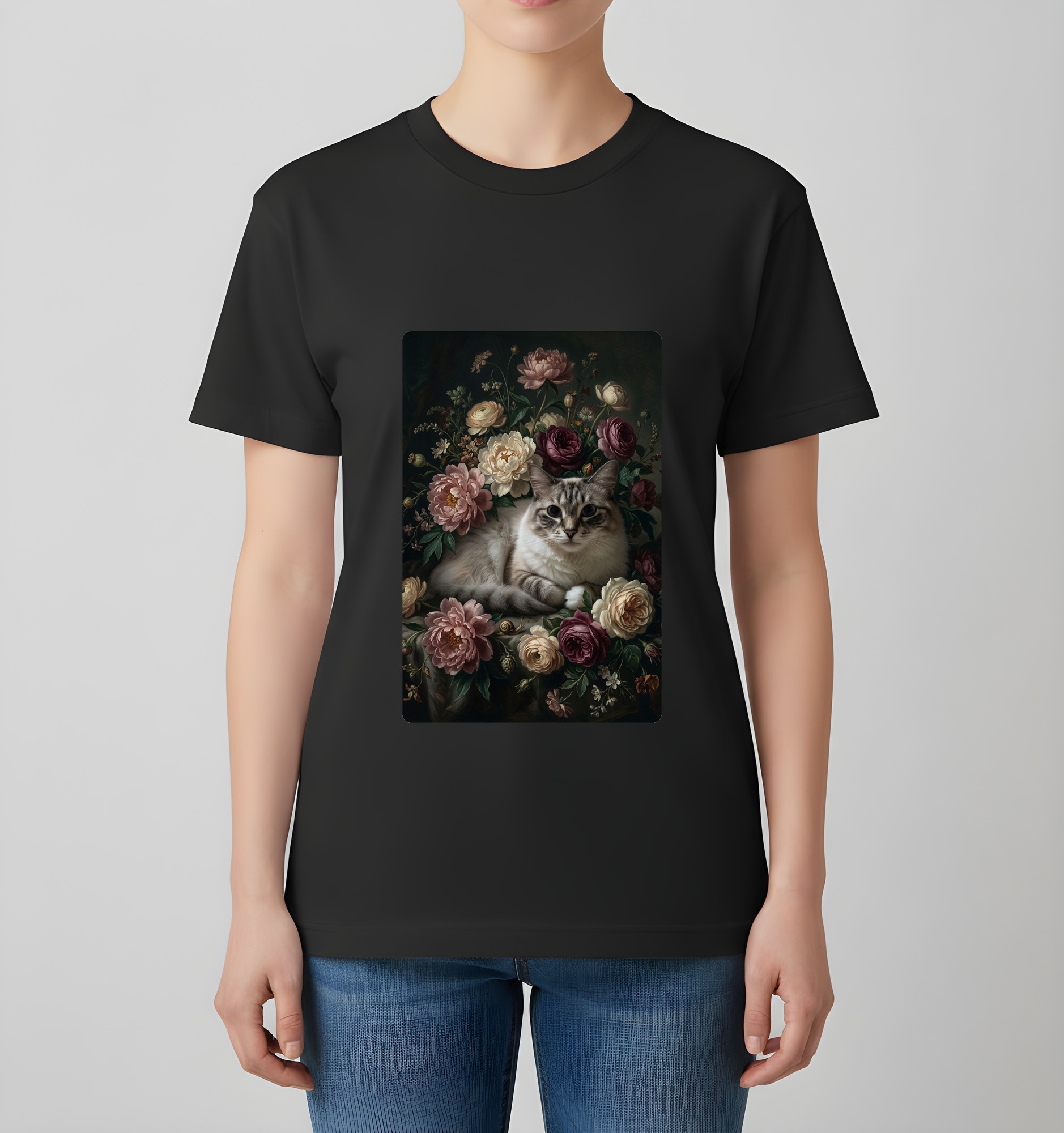 ラグドールの花の油絵風アート花柄Tシャツ(ブラック)(4枚目)
