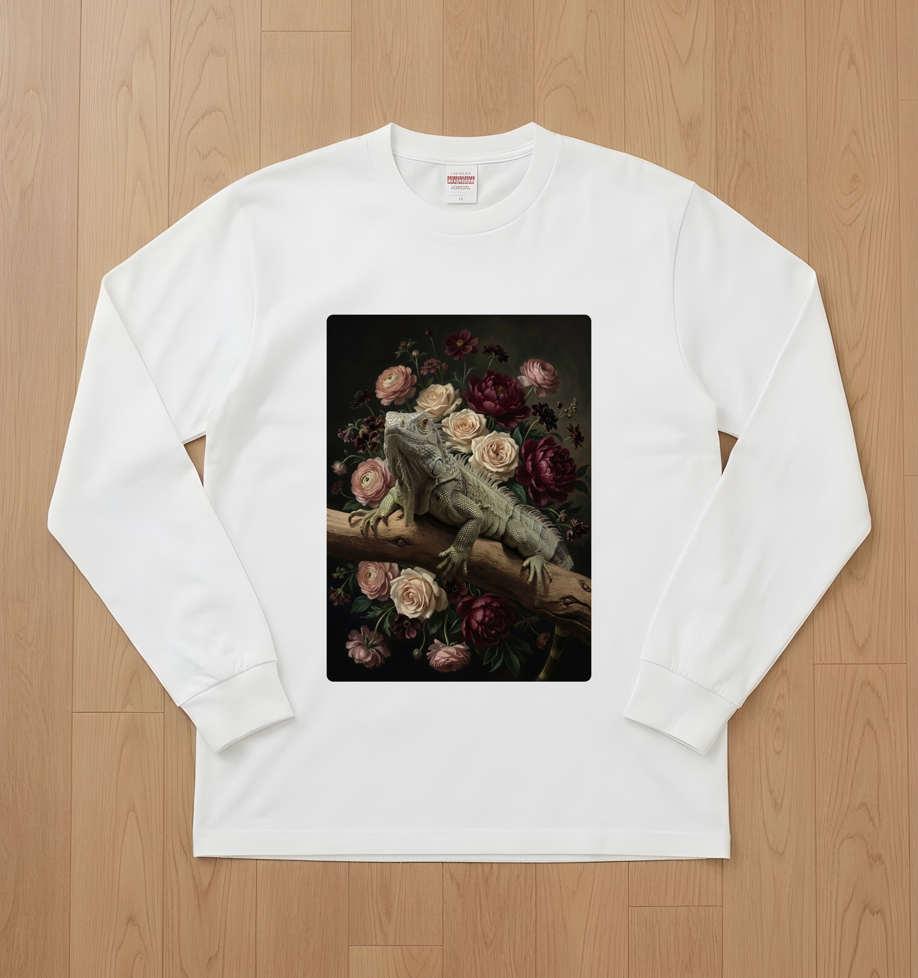 トゲオイグアナの花の油絵風アート花柄長袖Tシャツ(ホワイト)