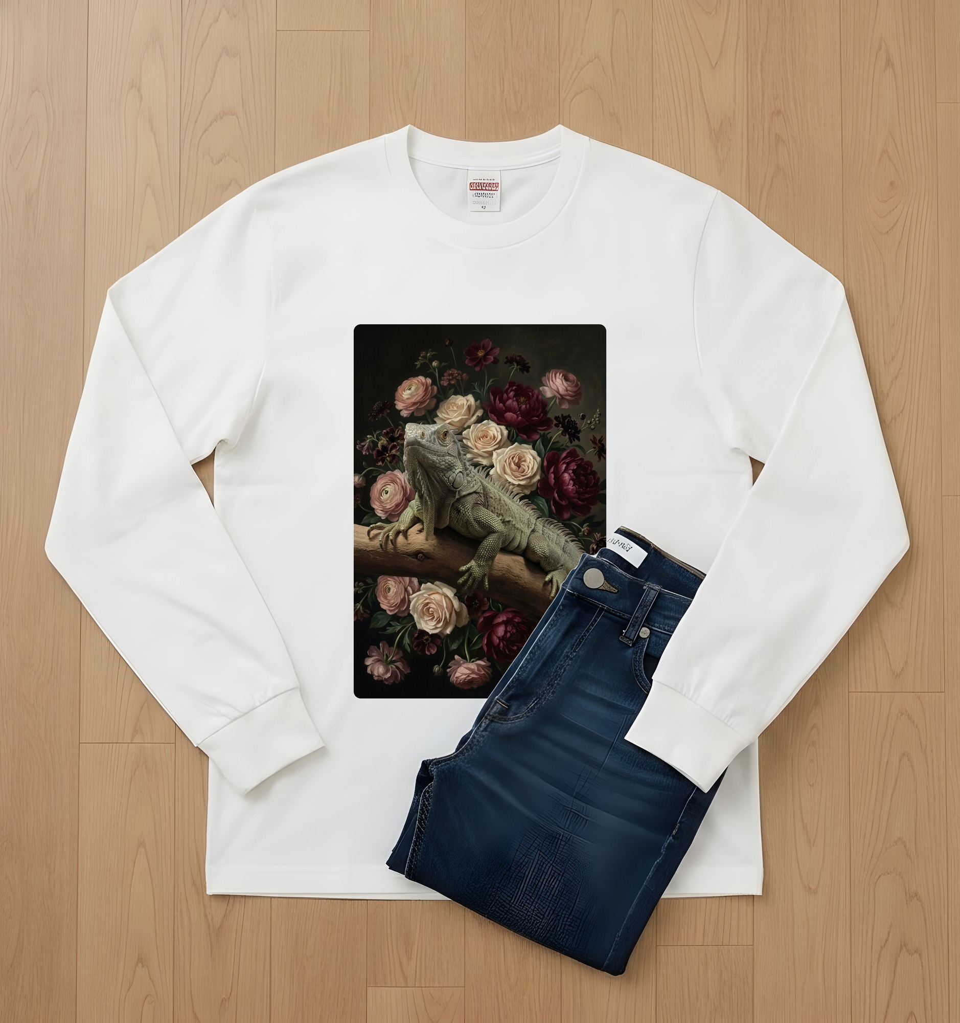 トゲオイグアナの花の油絵風アート花柄長袖Tシャツ(ホワイト)(2枚目)