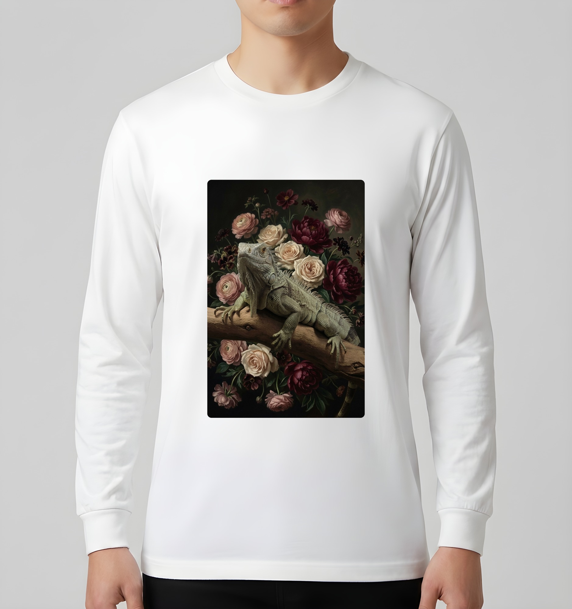 トゲオイグアナの花の油絵風アート花柄長袖Tシャツ(ホワイト)(3枚目)