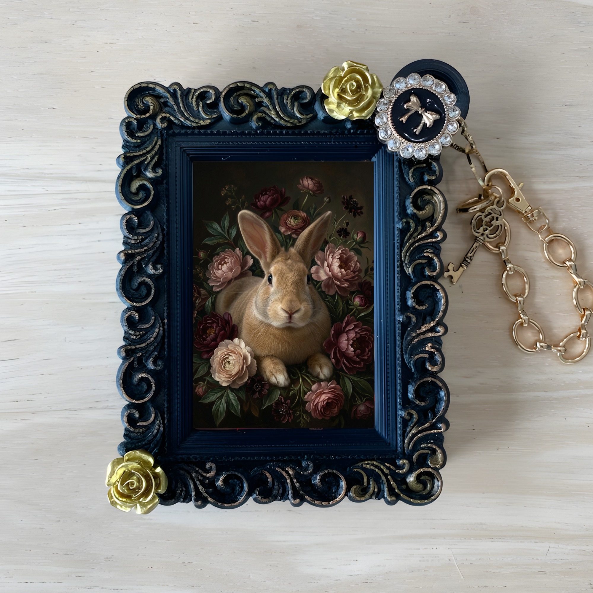 フレミッシュジャイアントの花の油絵風アート花柄バッグチャーム(ブラック)