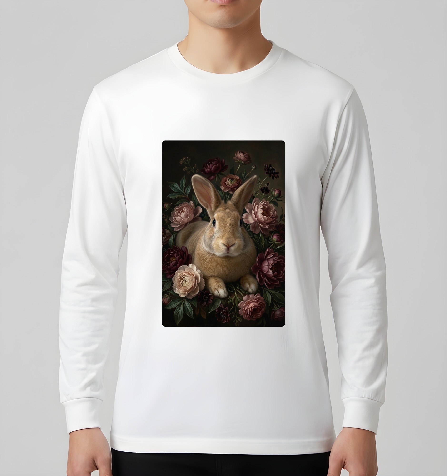 フレミッシュジャイアントの花の油絵風アート花柄長袖Tシャツ（ホワイト）（3枚目）