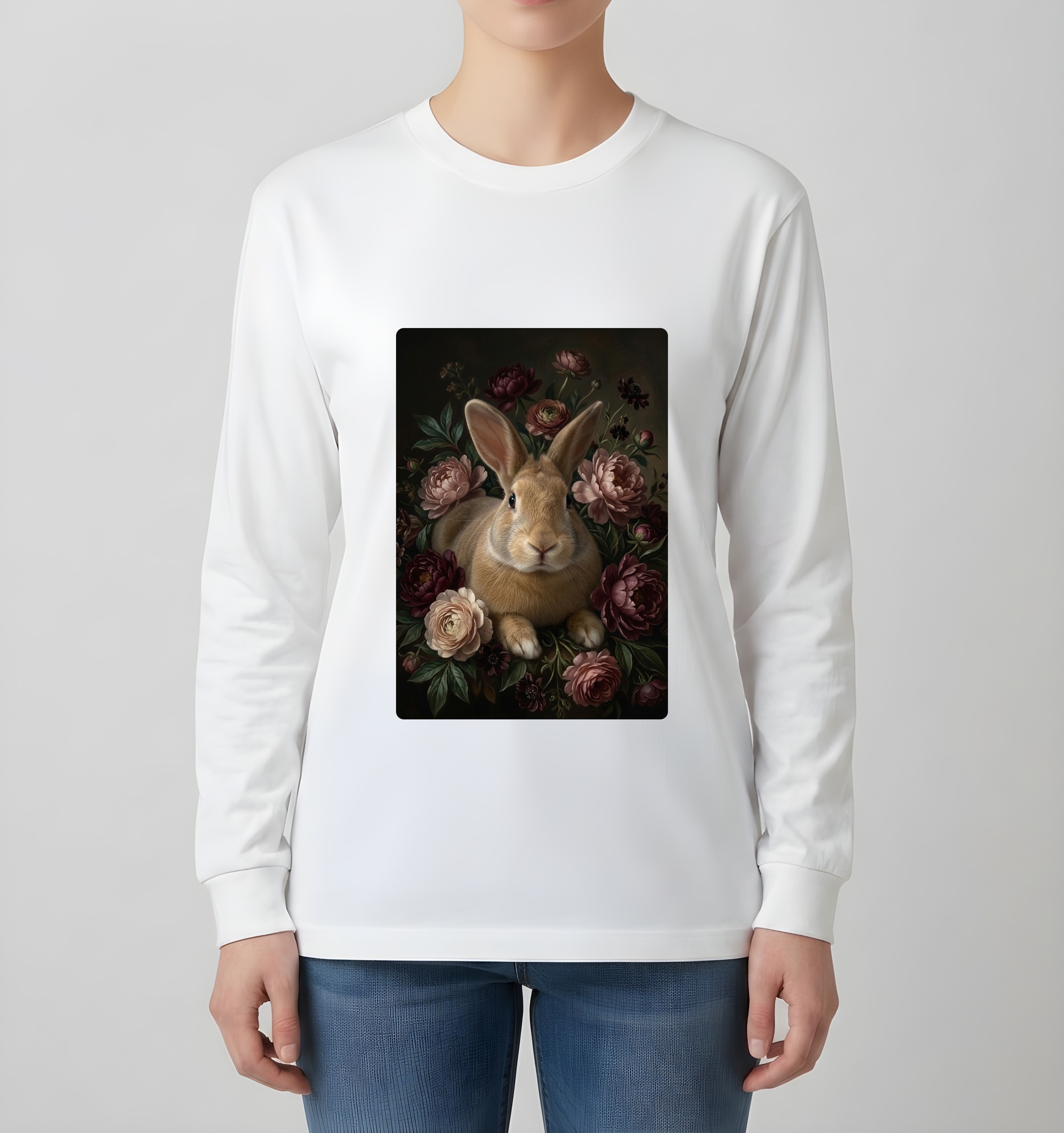 フレミッシュジャイアントの花の油絵風アート花柄長袖Tシャツ（ホワイト）（4枚目）