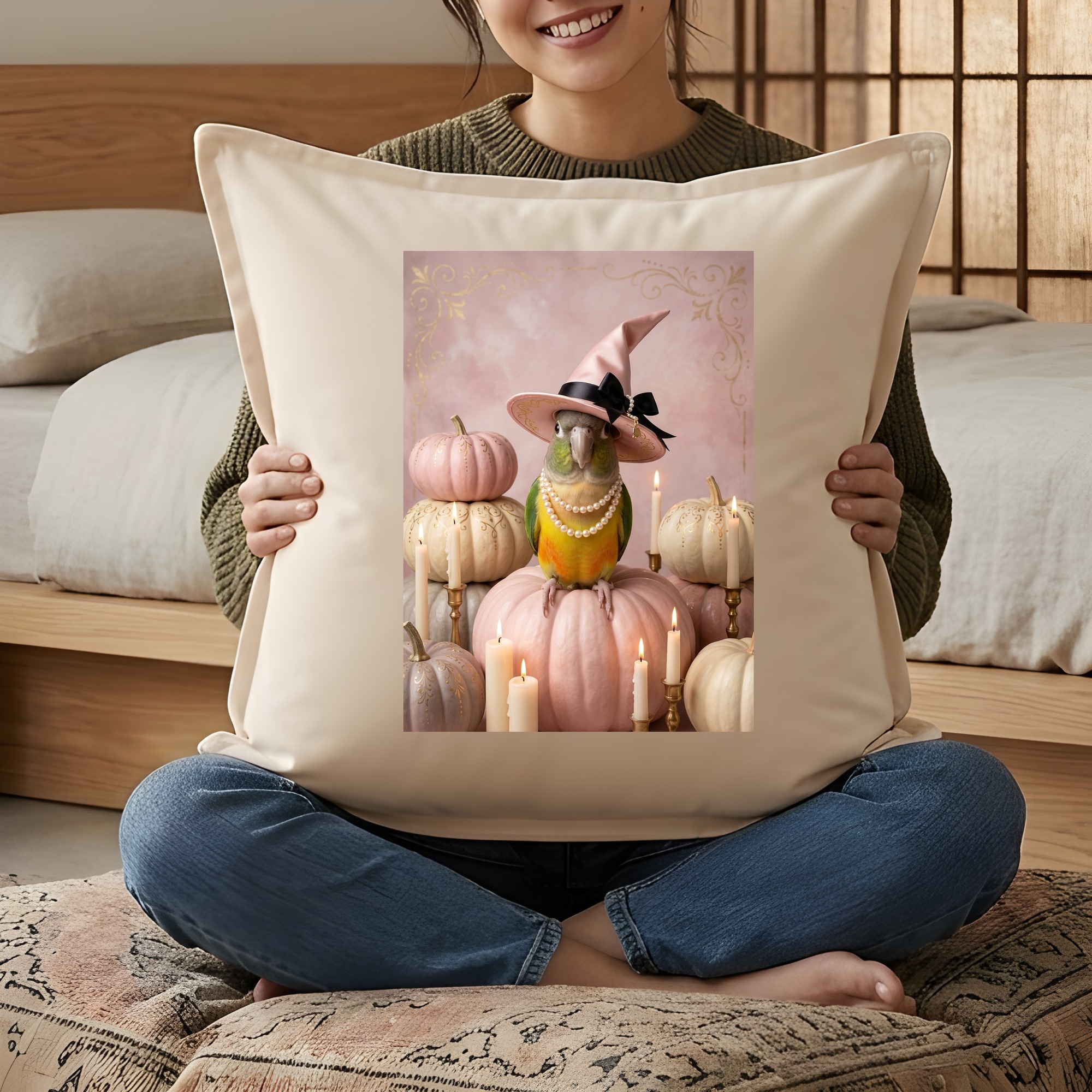 セネガルパロットのかぼちゃとキャンドルの油絵風アートハロウィンクッション(3枚目)