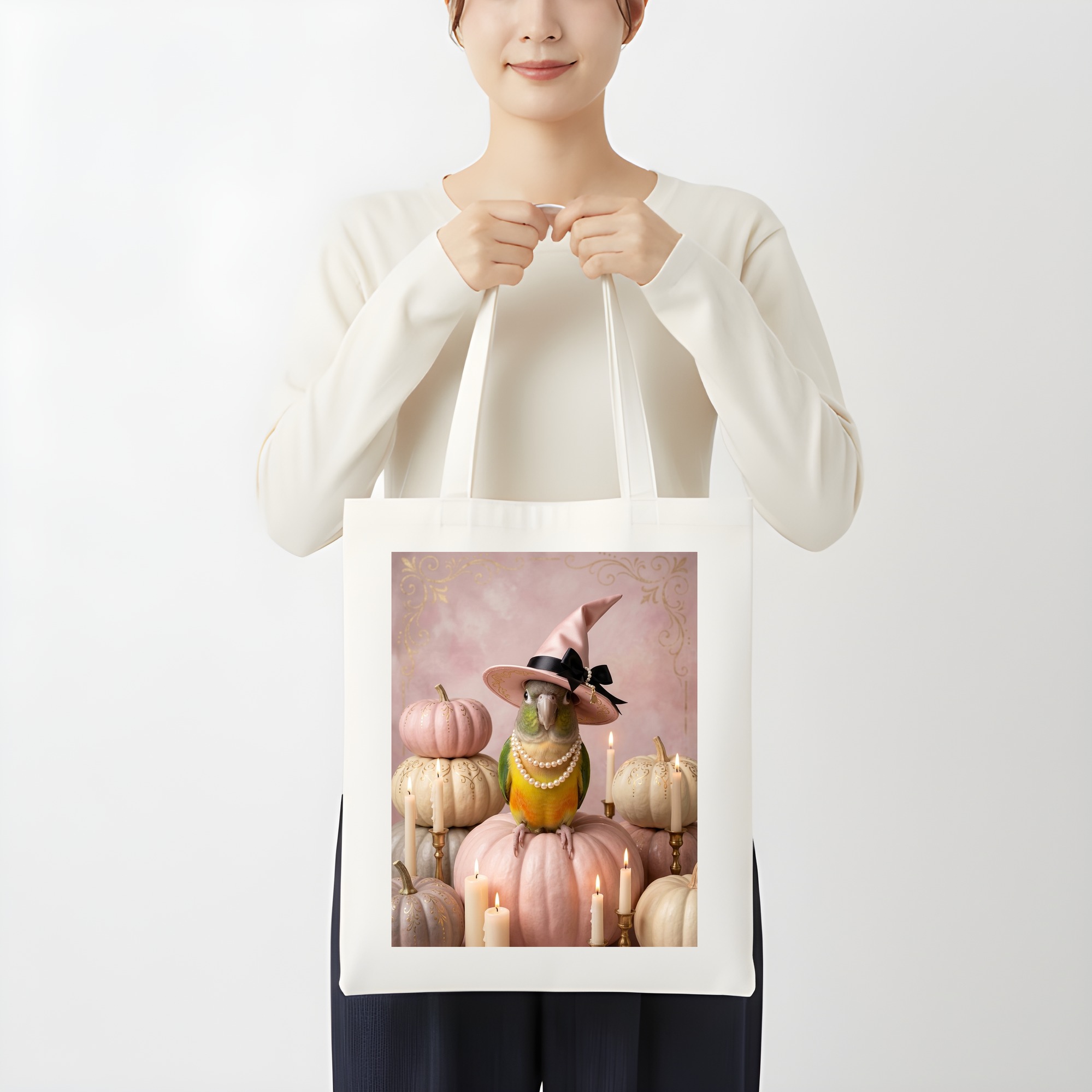 セネガルパロットのかぼちゃとキャンドルの油絵風アートハロウィントートバッグ(3枚目)