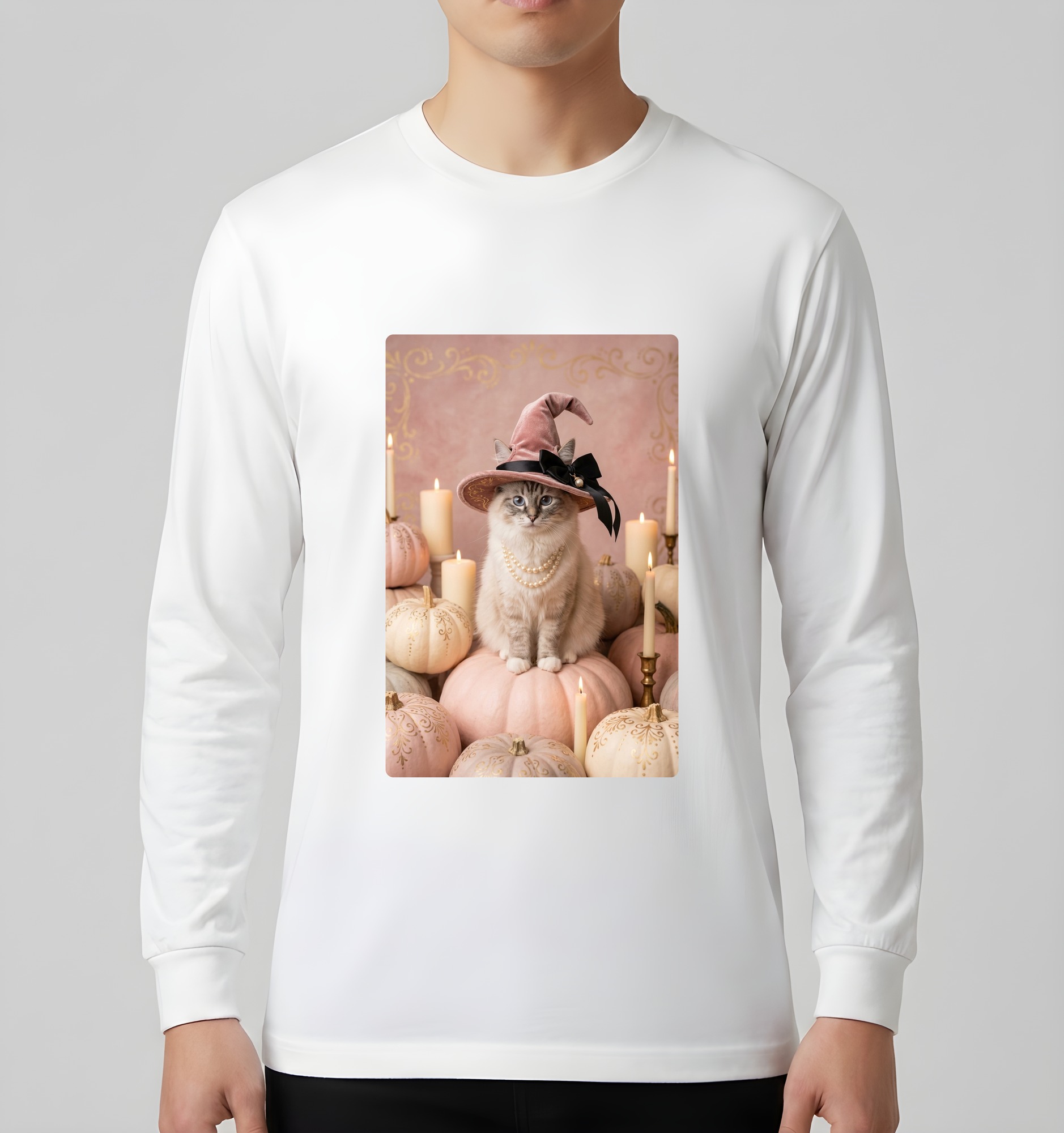 ラグドールのかぼちゃとキャンドルの油絵風アートハロウィン長袖Tシャツ(ホワイト)(3枚目)